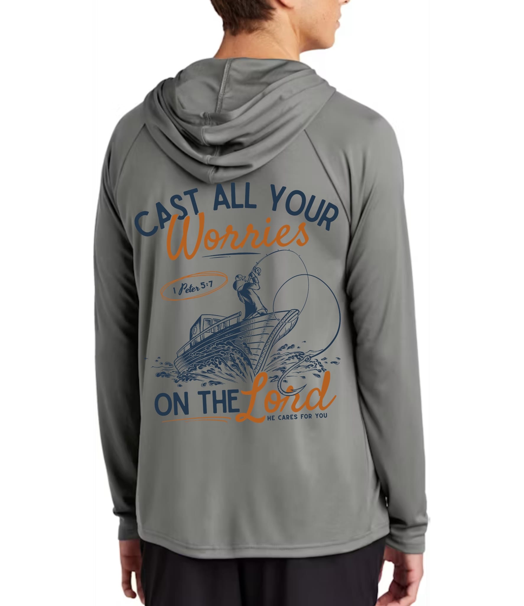 Model wearing Charcoal Grey Cast All Your Worries on the Lord Performance Hooded Tee featuring Cast All Your Worries on the Lord fishing graphic and scripture reference.