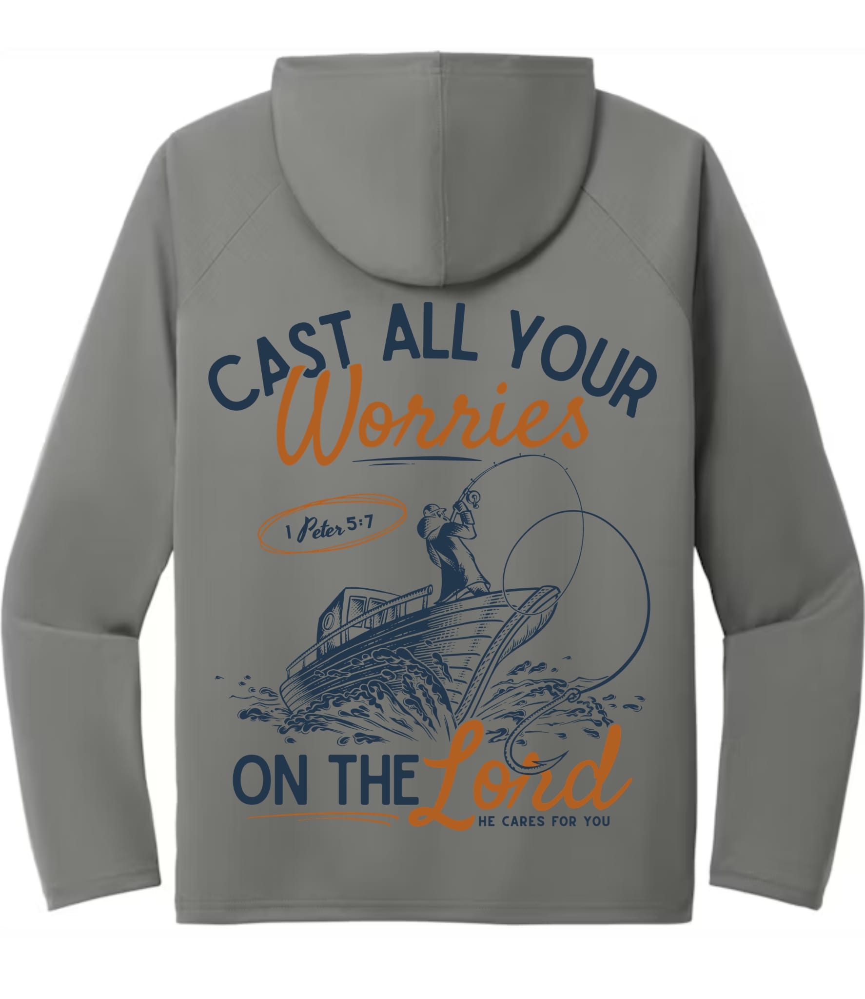 Back of Charcoal Grey Cast All Your Worries on the Lord Performance Hooded Tee featuring fishing boat graphic and 1 Peter 5:7 scripture design.