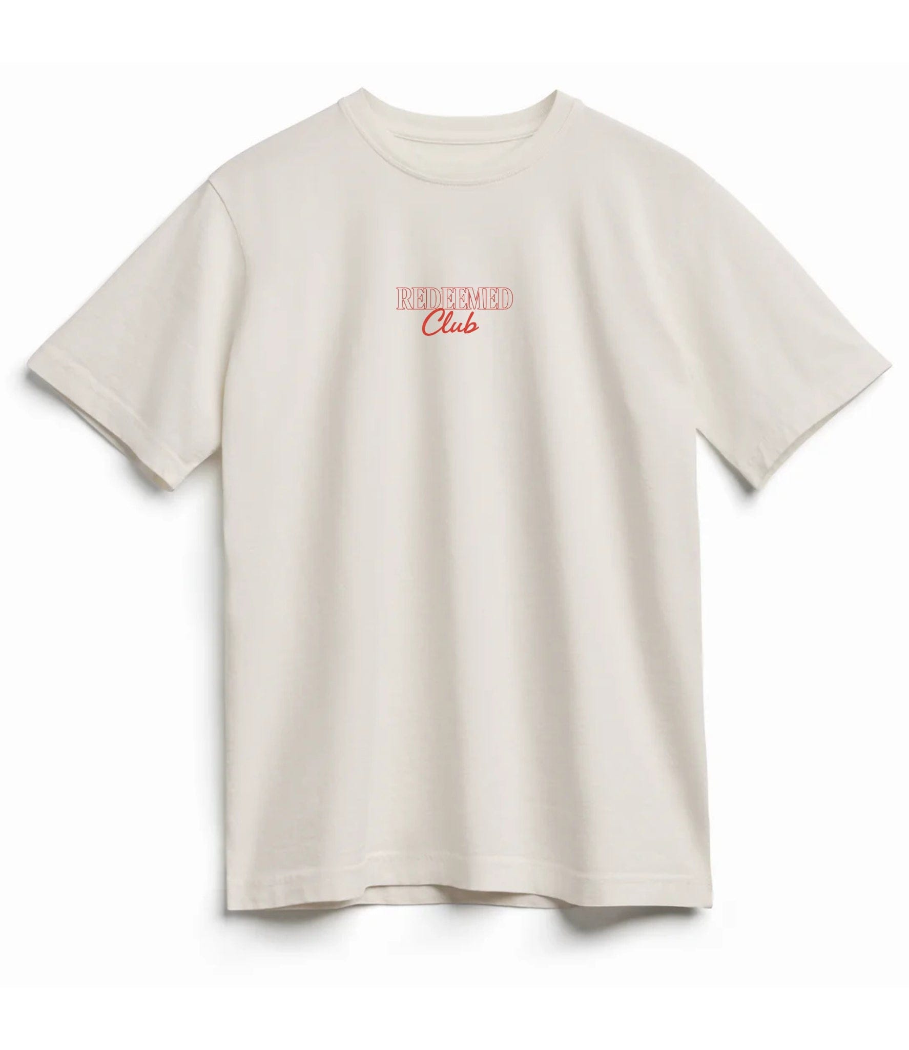 Ivory Christian t-shirt with Redeemed Club graphic and Ephesians 1:7 scripture, faith-based unisex tee by Made by Yen