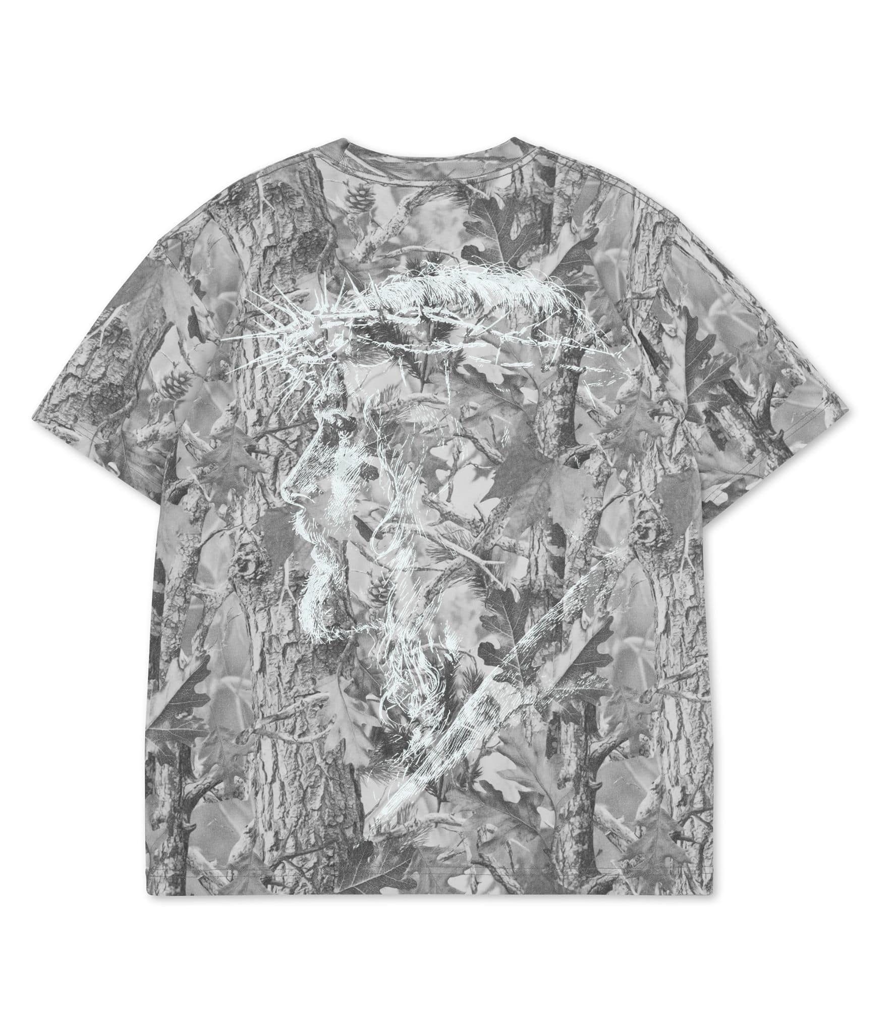 Vintage grey camouflage Christian t-shirt featuring a large illustration of Jesus wearing the crown of thorns on the back in a distressed artistic style.