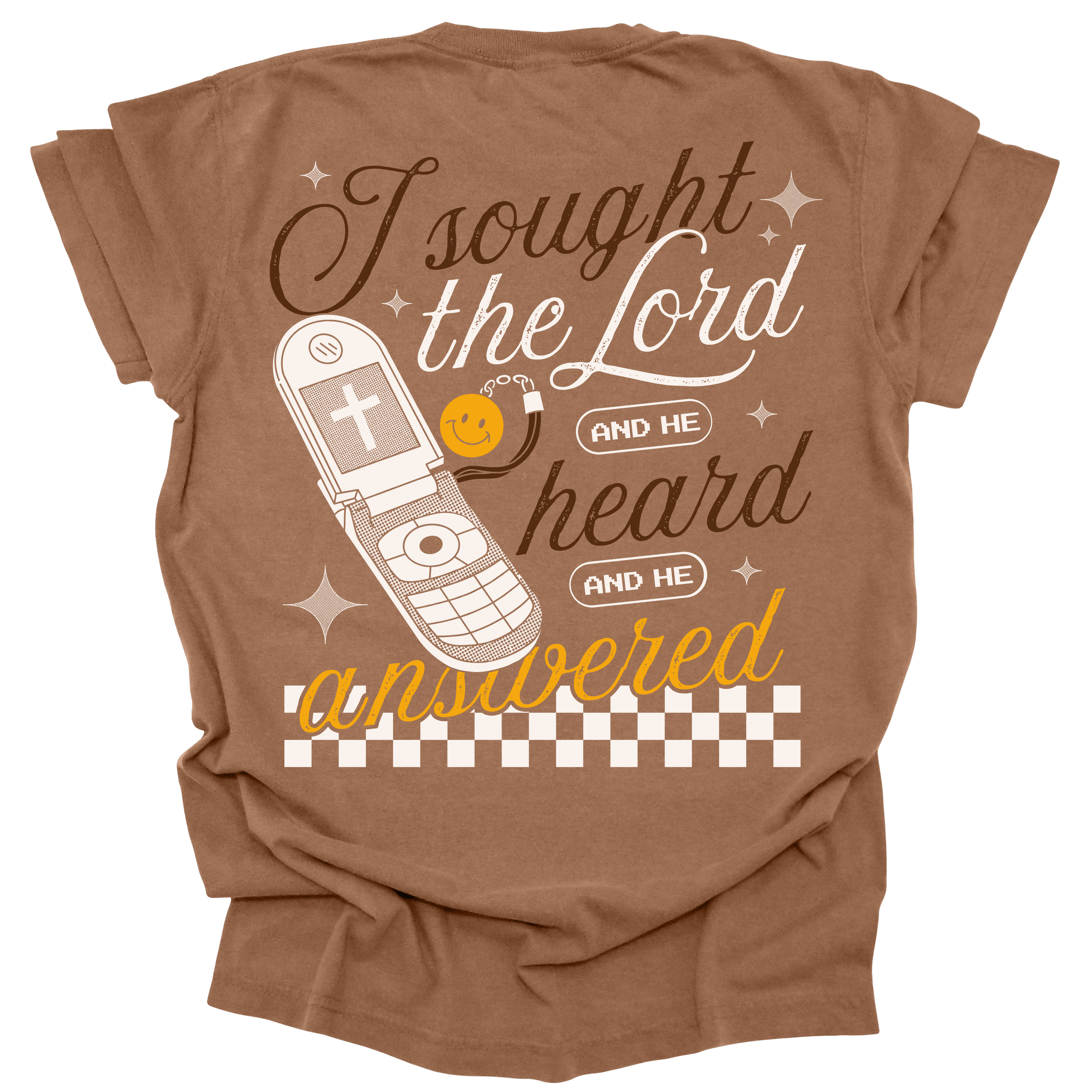 Brown-colored t-shirt with a retro flip phone graphic and the words "I sought the Lord, and He heard and He answered," inspired by Psalm 34:4, with checkerboard accents.