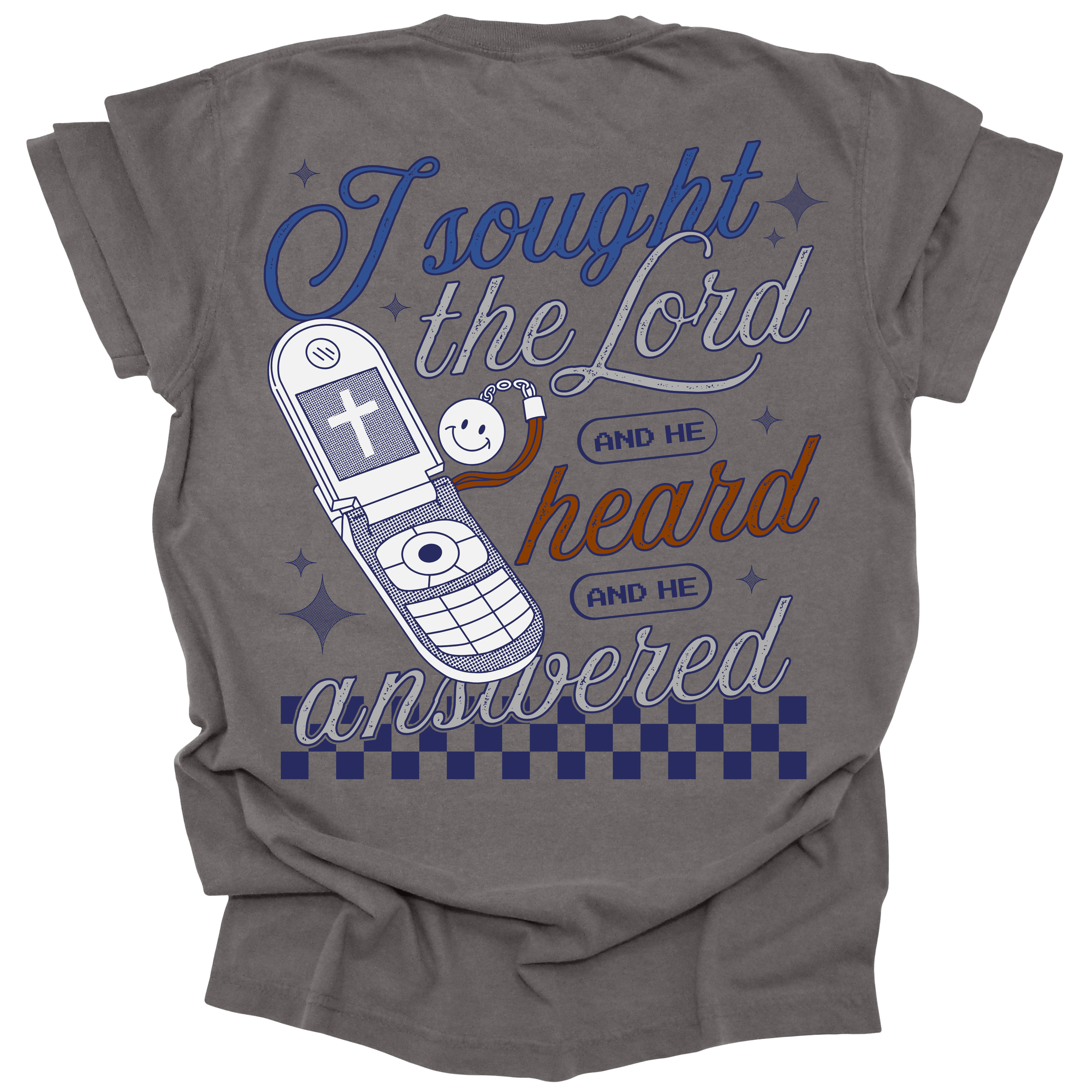 Pepper-colored t-shirt with a retro flip phone graphic and the words "I sought the Lord, and He heard and He answered," inspired by Psalm 34:4, with checkerboard accents.