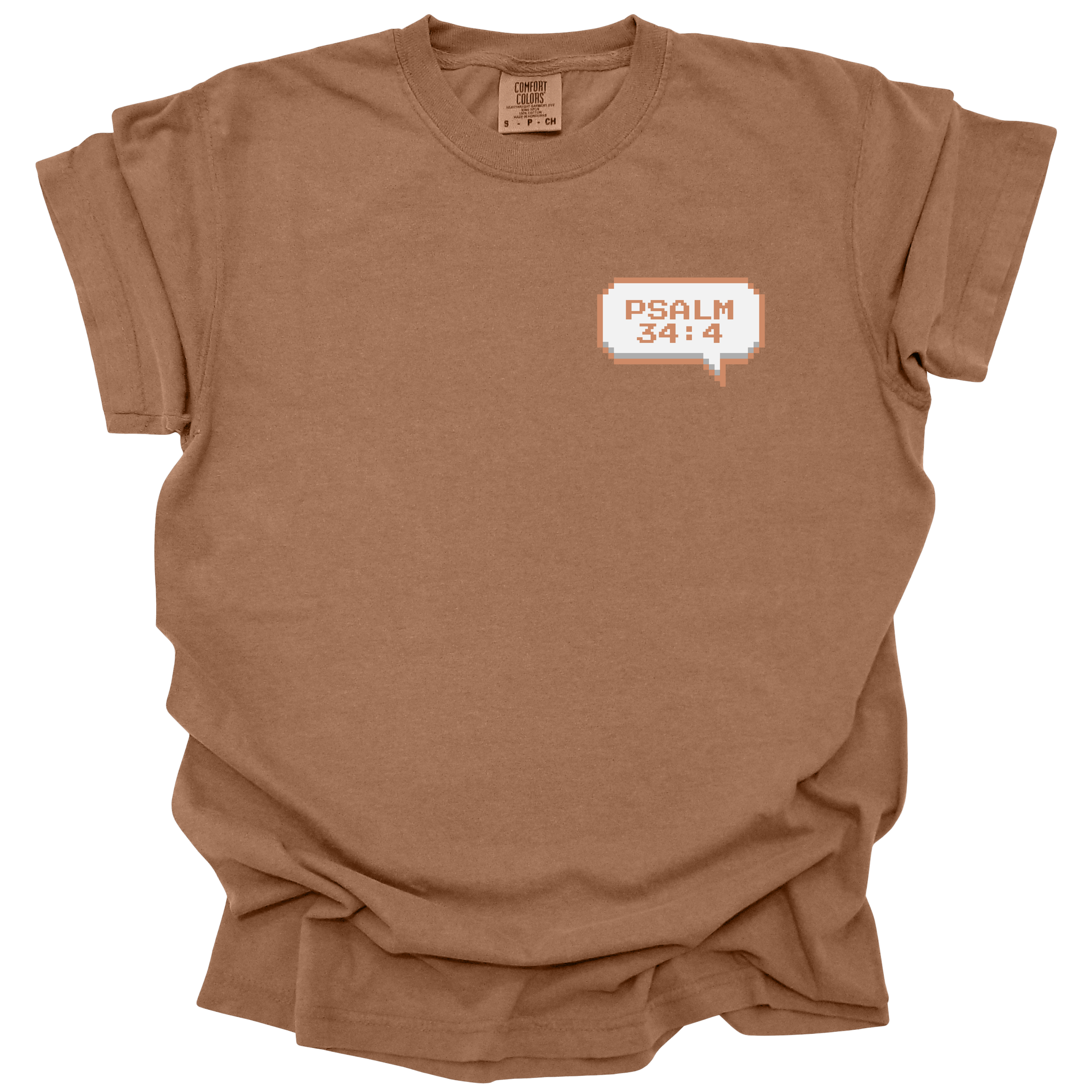 Brown-colored t-shirt with a small 8-bit speech bubble that reads "Psalm 34:4" in retro pixel font.