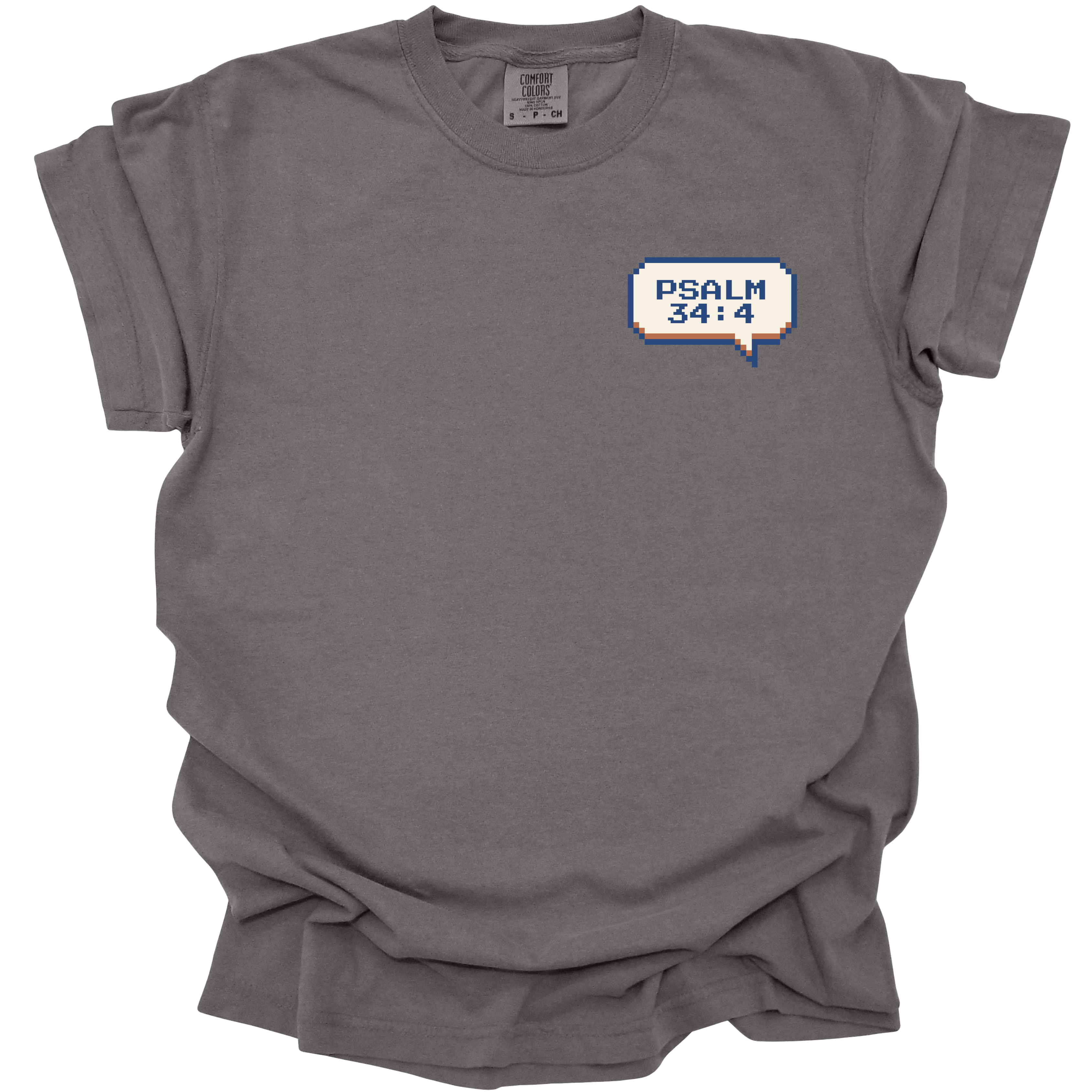 Pepper-colored t-shirt with a small 8-bit speech bubble that reads "Psalm 34:4" in retro pixel font.