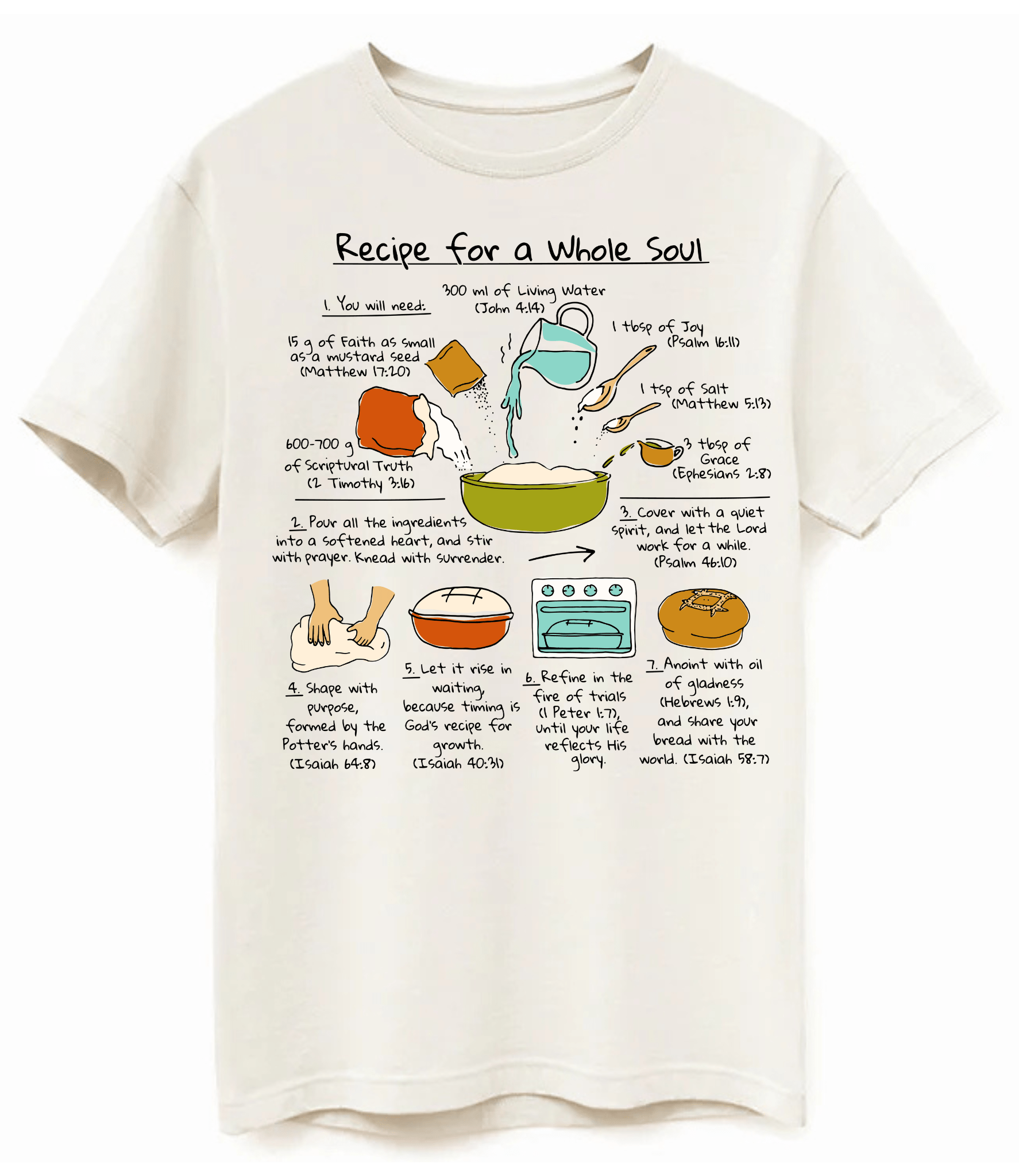 Recipe for a Whole Soul Tee in Vintage White with hand-illustrated biblical ingredients and scripture references guiding spiritual growth. Oversized, unisex fit on soft, pre-shrunk cotton.
Let me know if you'd like any extra edits or if this one’s good to go!