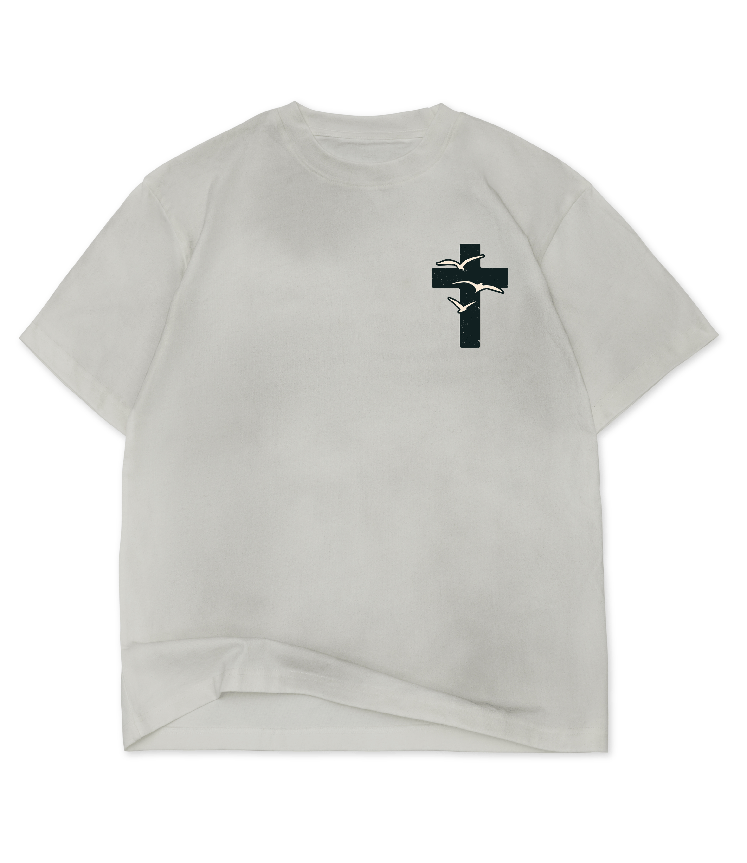 Dirty White unisex Christian T-shirt featuring a minimalist black cross with flying birds printed on the left chest.
