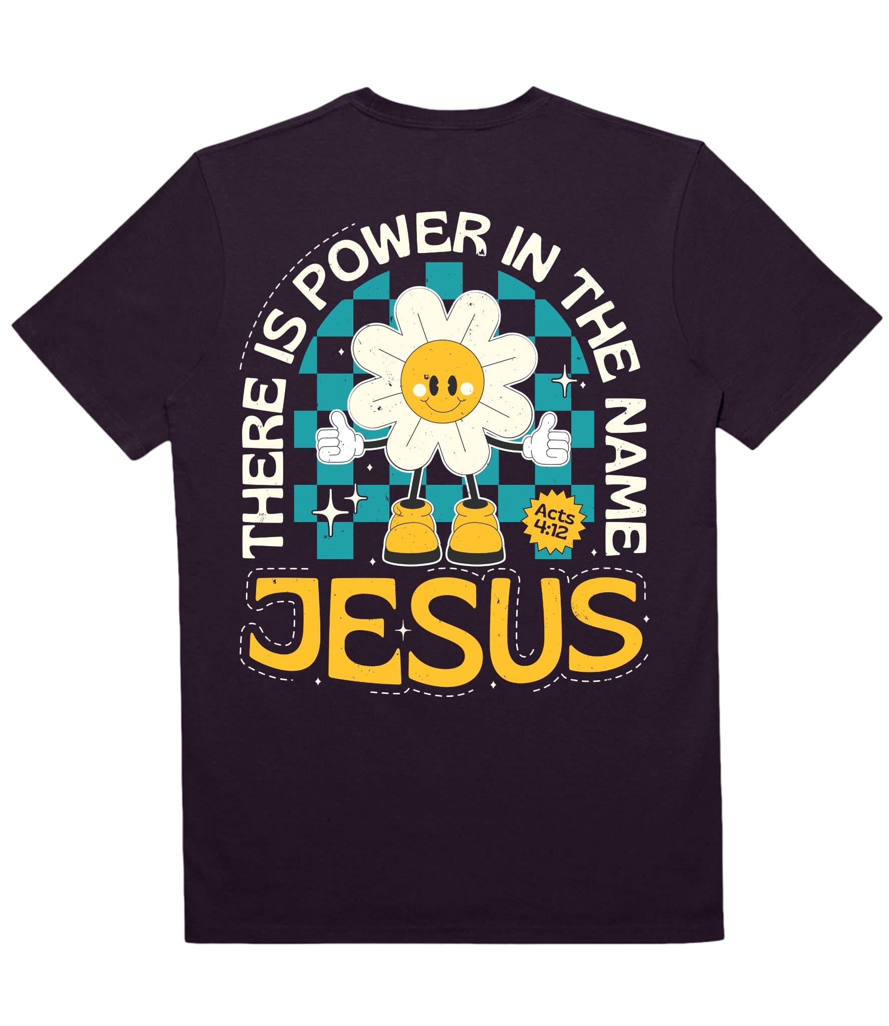 Unisex plum Christian tee with "There Is Power in the Name of Jesus" and Acts 4:12 printed on the back by MADE BY YEN.