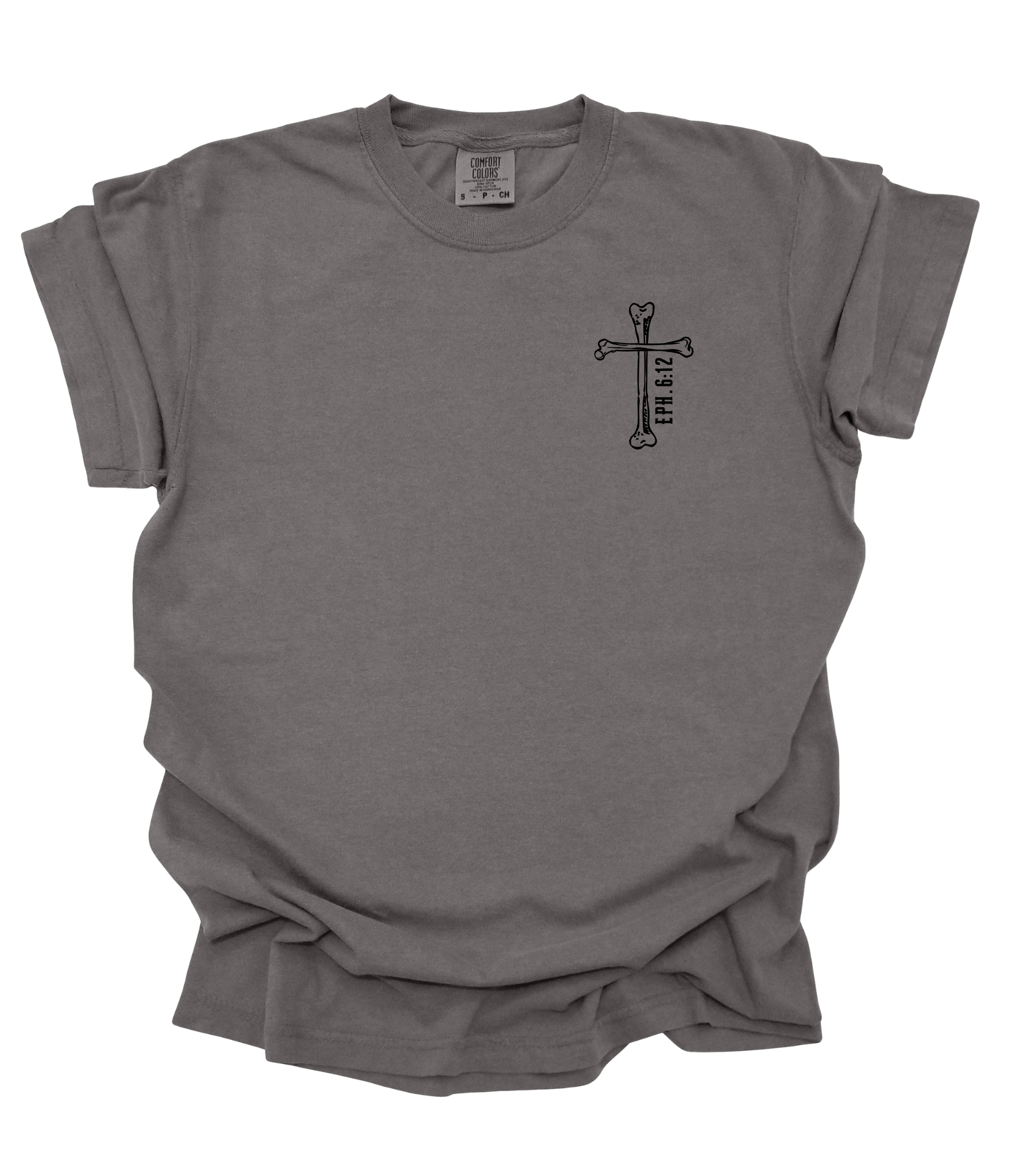 Gray t-shirt with a black cross design on a white background