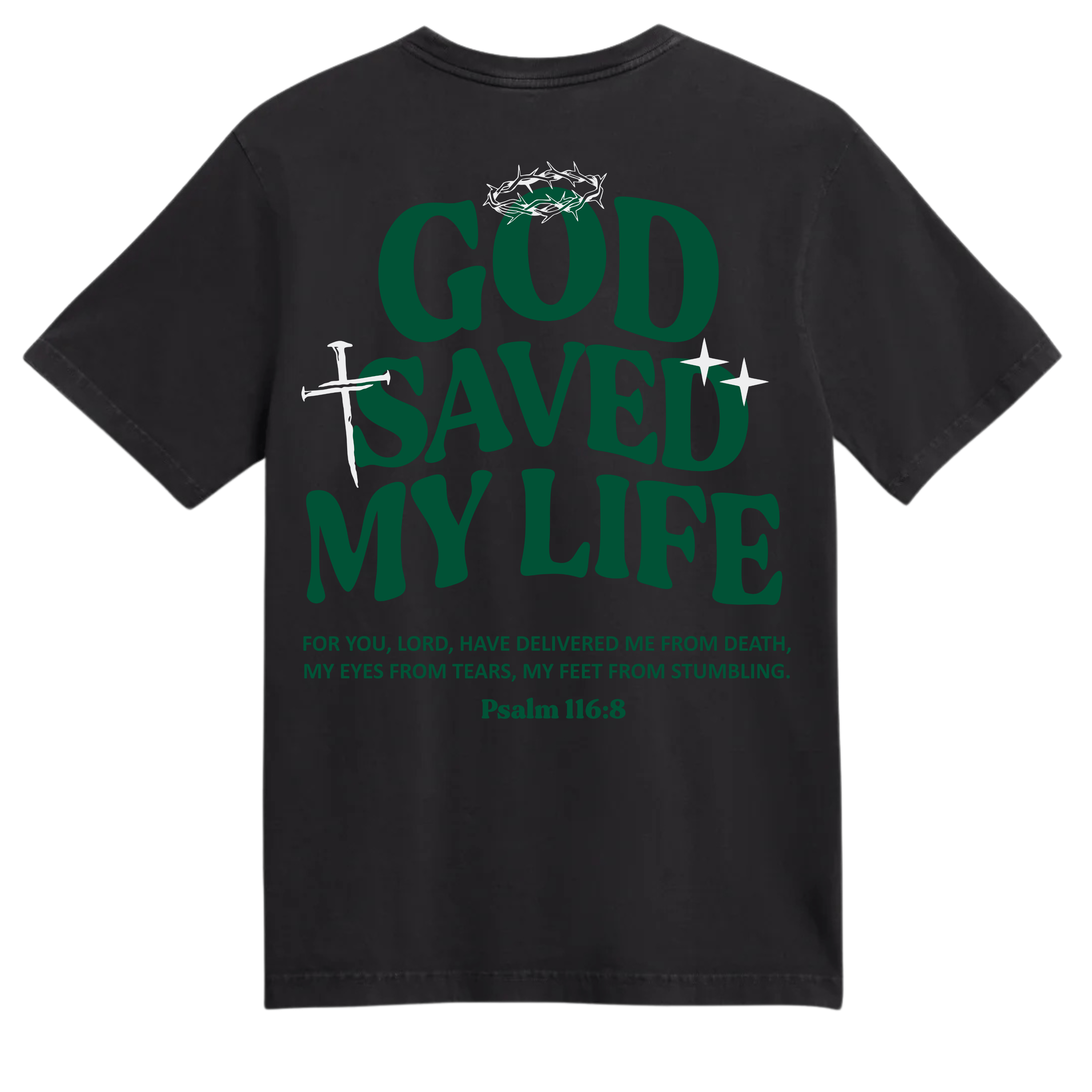 Walking Testimony Tee in Black featuring "Walking Testimony" on the front and "God Saved My Life" with Psalm 116:8 on the back. Oversized, unisex fit on a soft, pre-shrunk cotton tee.