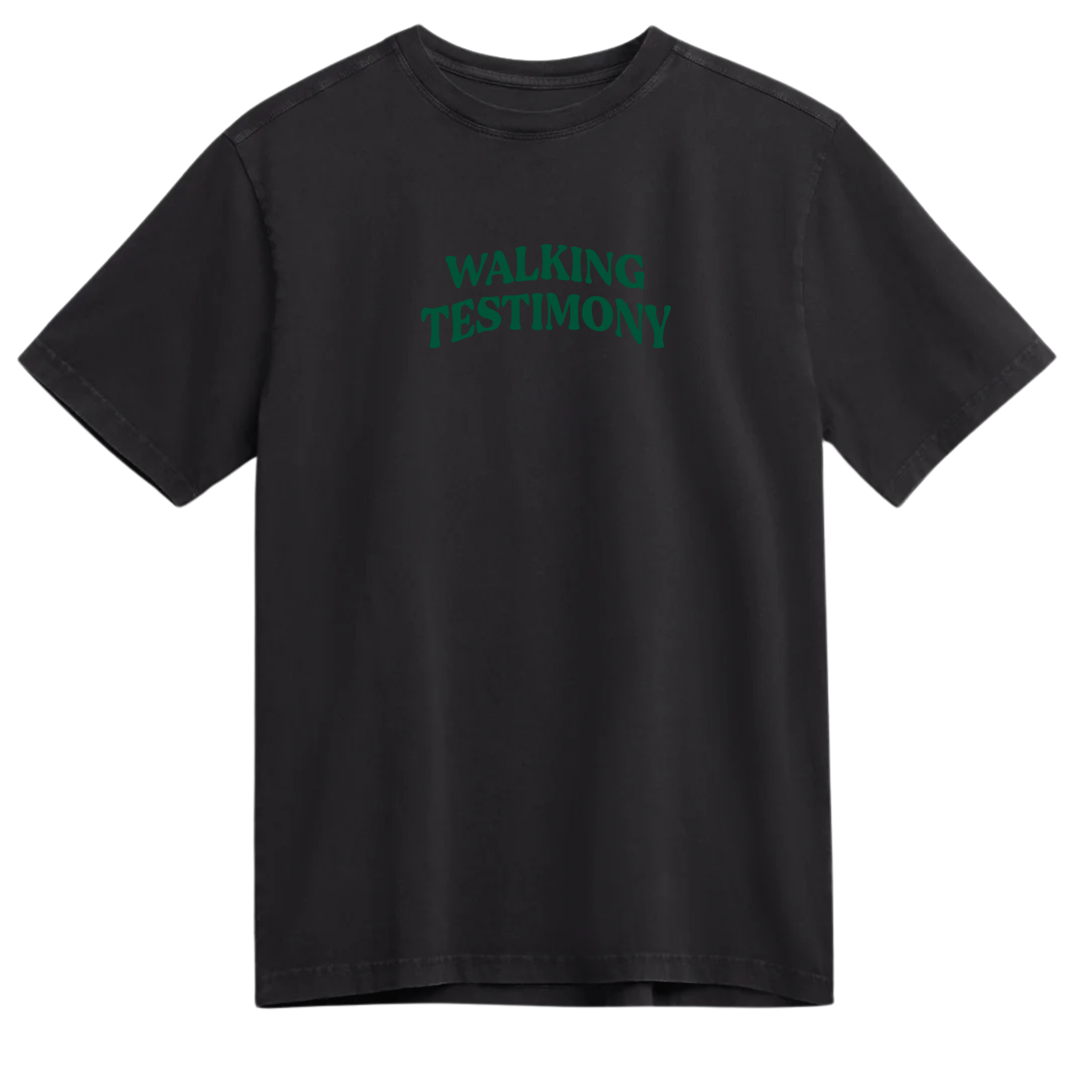 Walking Testimony Tee in Black featuring "Walking Testimony" on the front and "God Saved My Life" with Psalm 116:8 on the back. Oversized, unisex fit on a soft, pre-shrunk cotton tee.