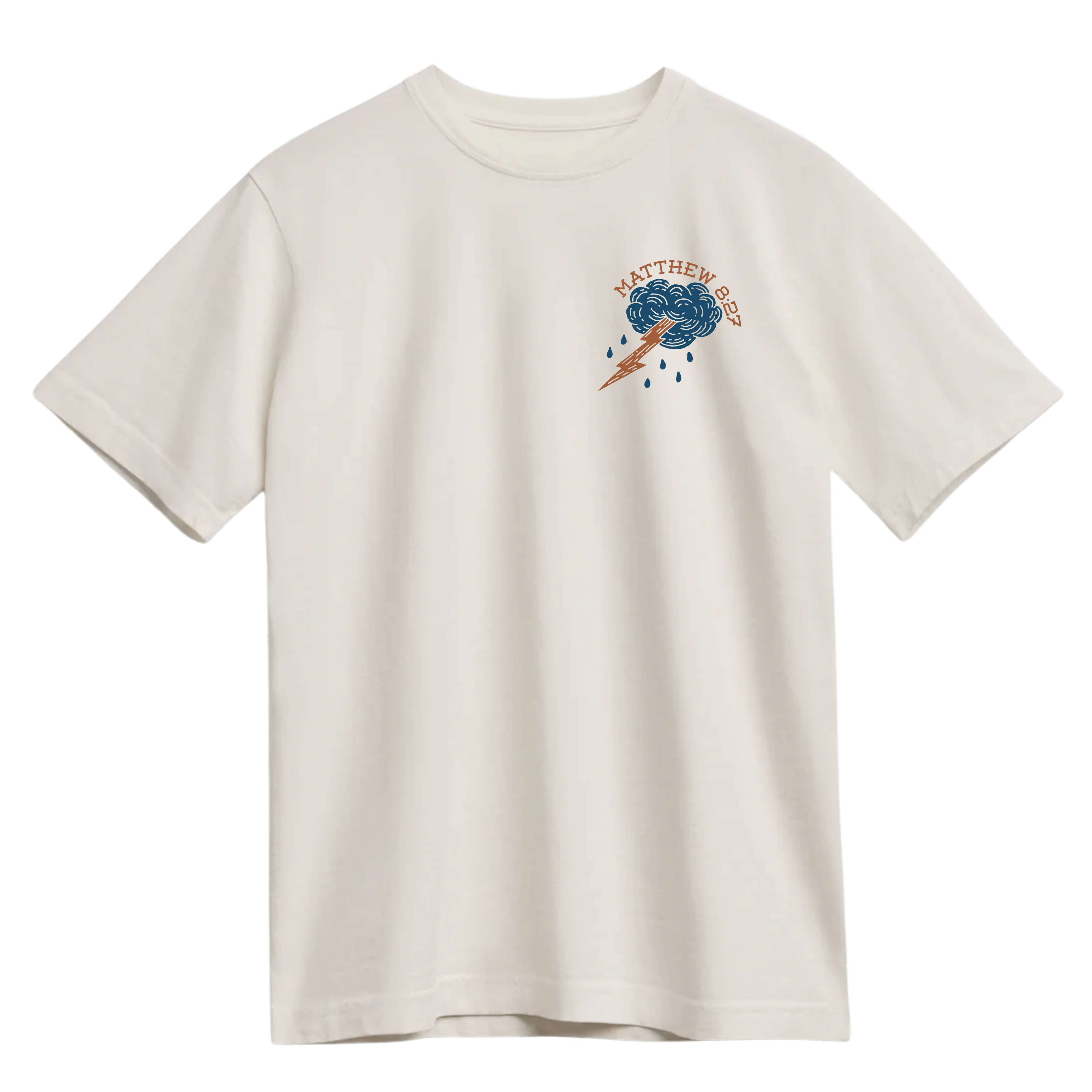 Ivory t-shirt with a small storm cloud and lightning bolt graphic, featuring the text "Matthew 8:27" in rust and navy tones.