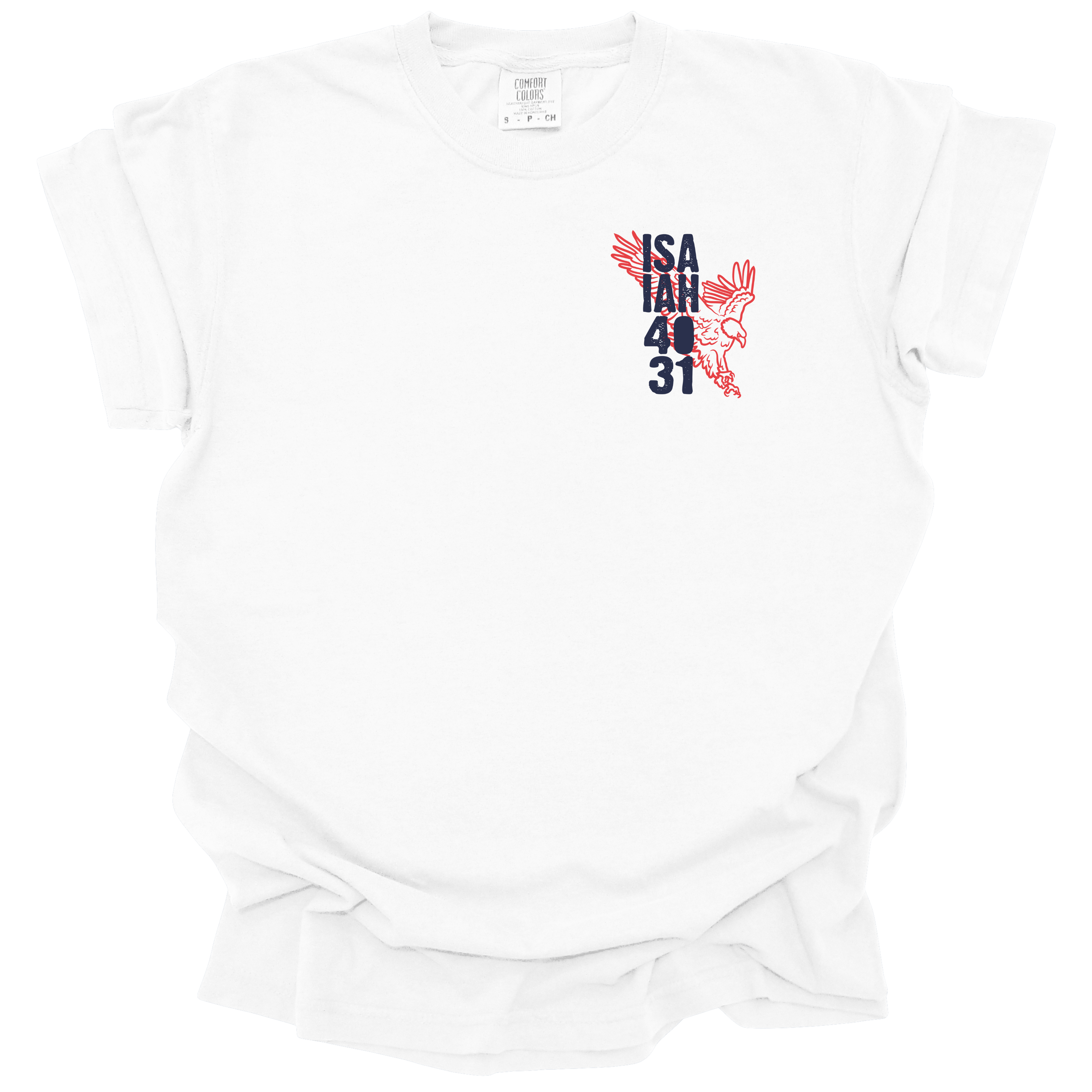 White t-shirt with a small eagle illustration and the text "Isaiah 40:31" in bold navy and red.