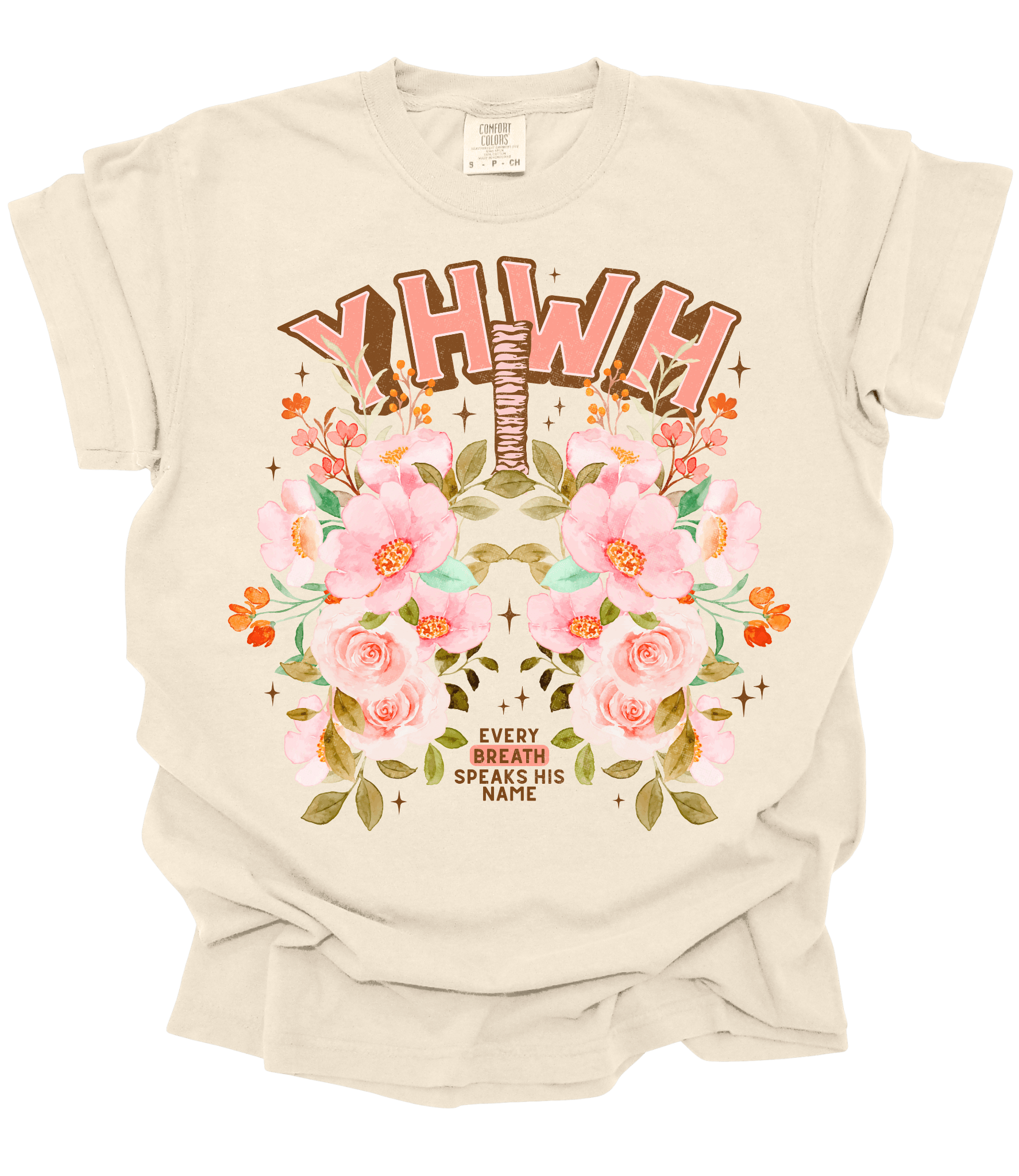 YHWH Every Breath Tee in Ivory featuring a floral lung design and the phrase “Every Breath Speaks His Name.” Oversized, unisex fit on a soft, pre-shrunk cotton tee.
Let me know if you'd like one more polish or you're all set to publish!