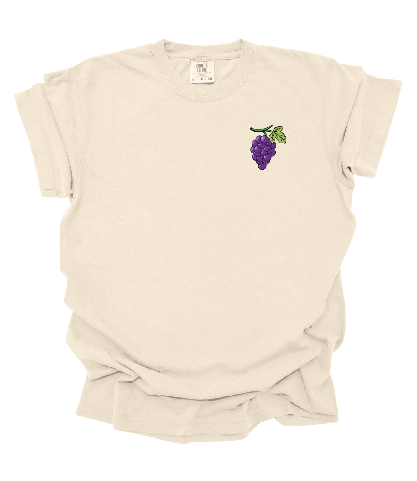 Ivory Comfort Colors tee with small grape-cluster graphic on the front chest.