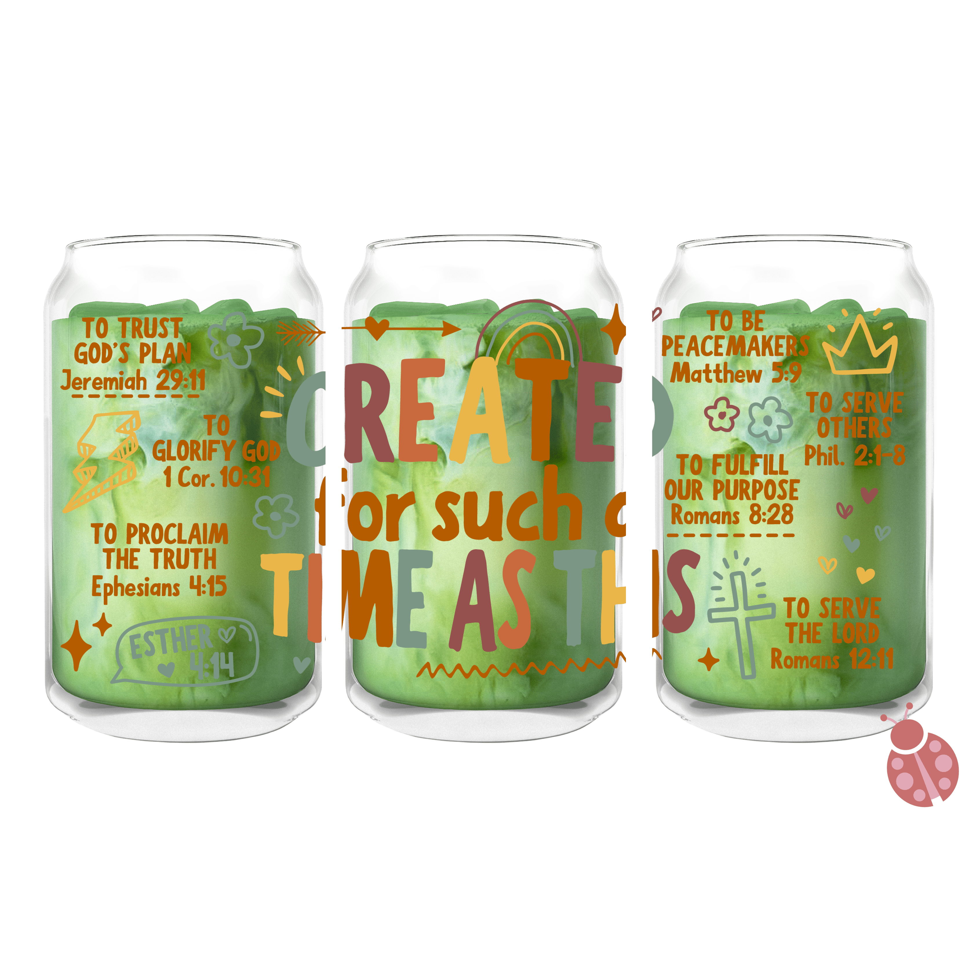 Encouraging Christian glass cup with scripture reminders, hand-drawn illustrations, and a daily dose of faith