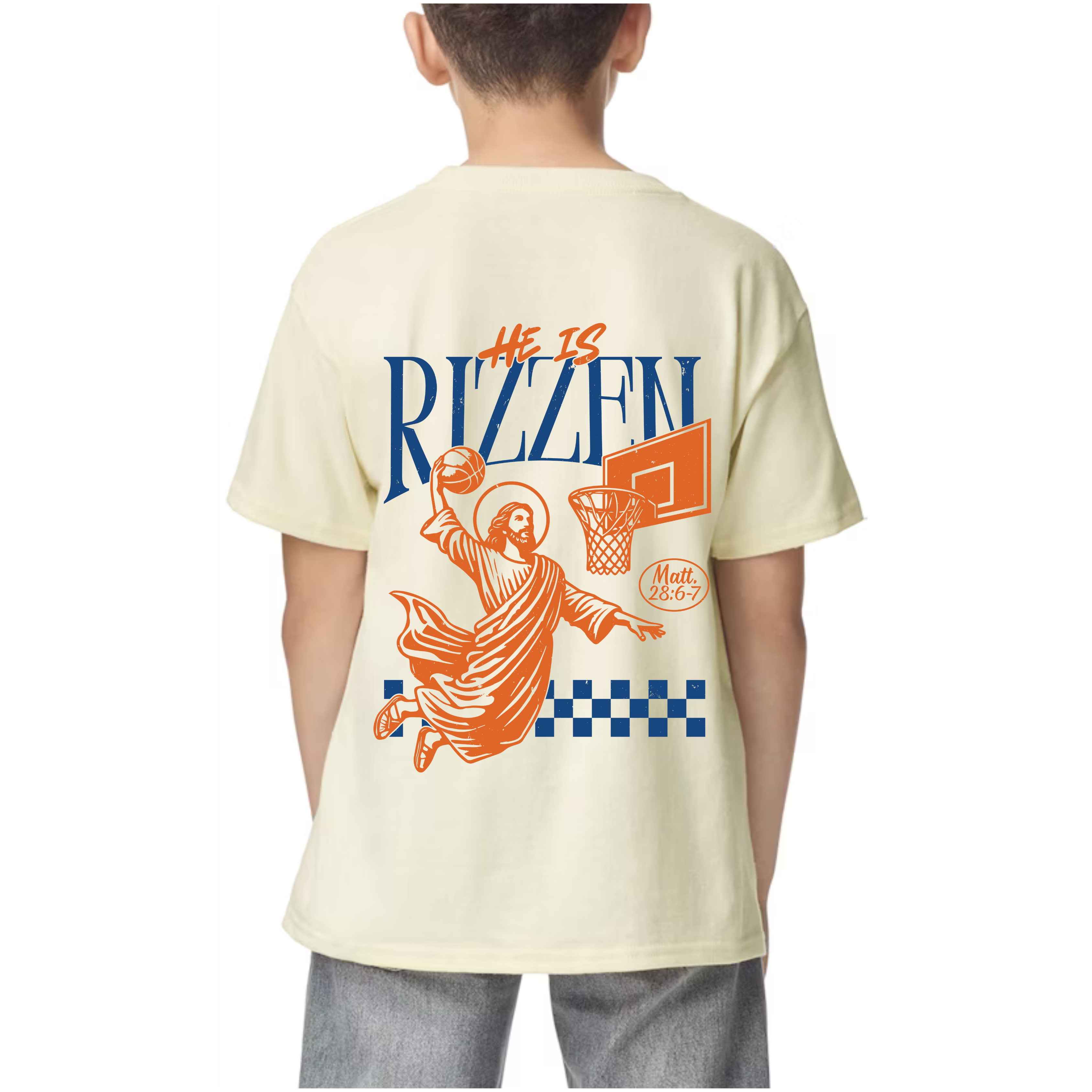 Back view of a kids Christian t-shirt featuring a playful 'He Is Rizz-en' design with Jesus dunking a basketball, inspired by Matthew 28:6-7.