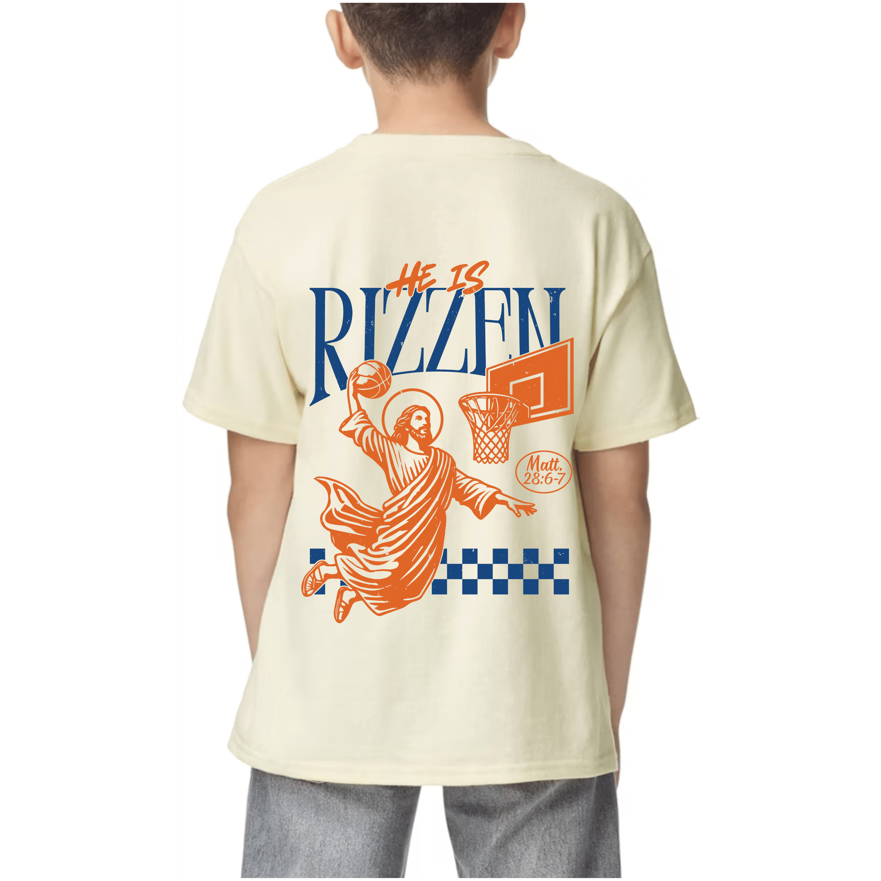Back view of a kids Christian t-shirt featuring a playful 'He Is Rizz-en' design with Jesus dunking a basketball, inspired by Matthew 28:6-7.