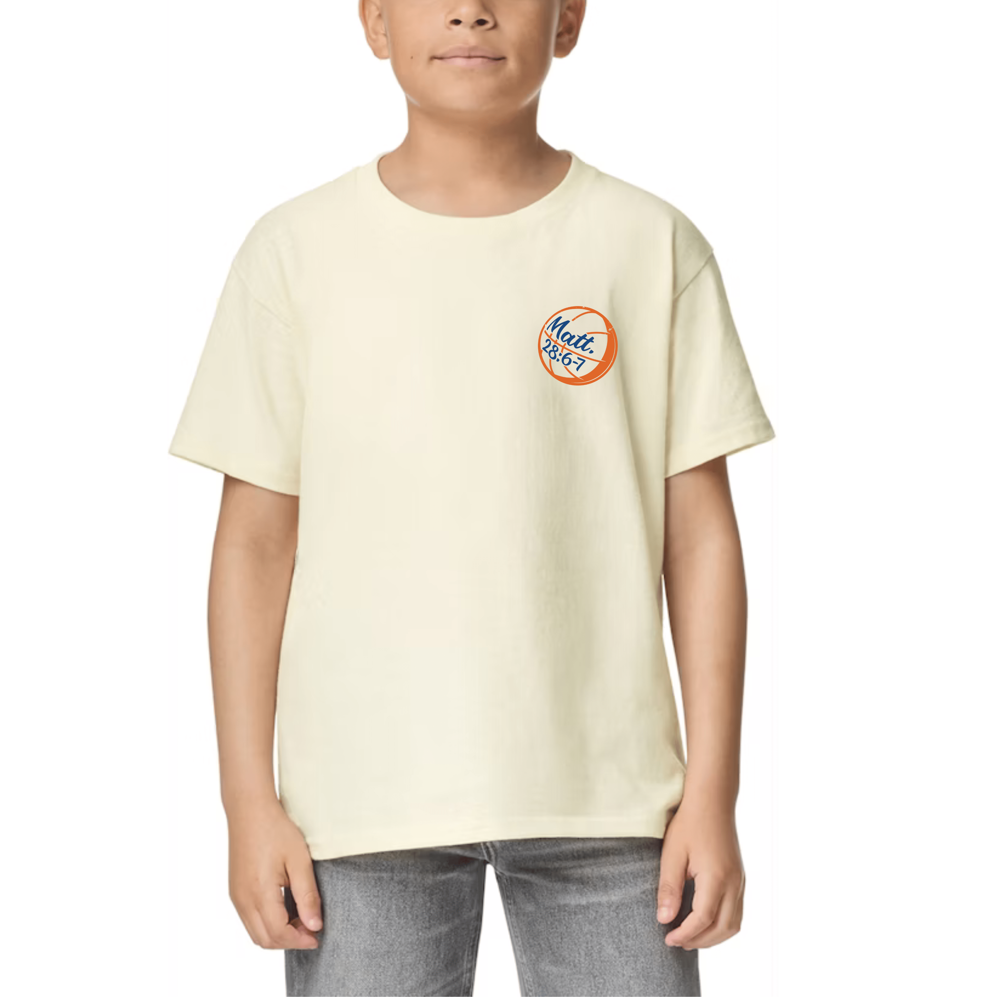 Front view of a natural-colored kids Christian t-shirt with a basketball and 'Matt. 28:6-7' scripture reference on the chest