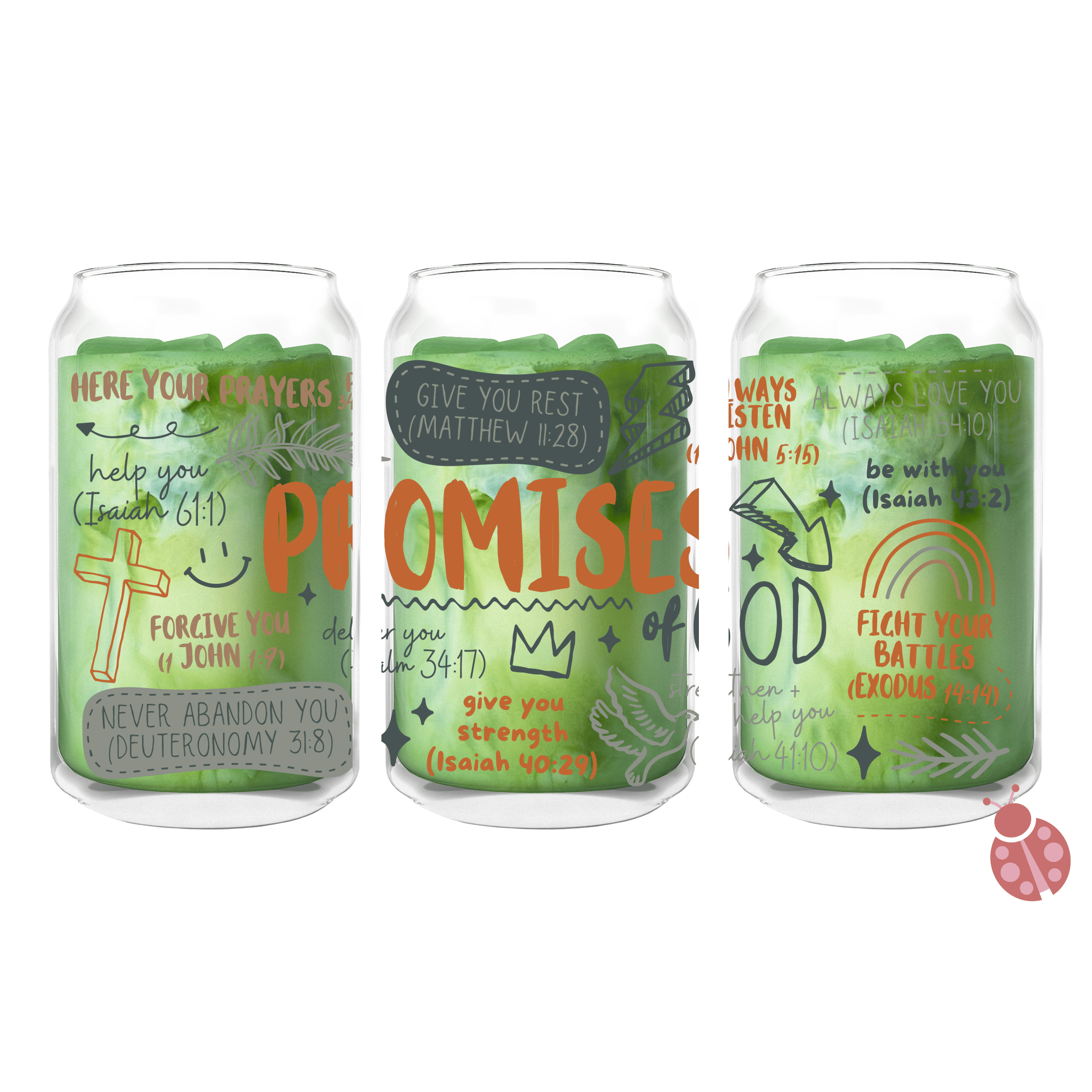 Faith-inspired 16oz glass cup with colorful hand-drawn Bible verses and doodles, featuring a bamboo lid and glass straw