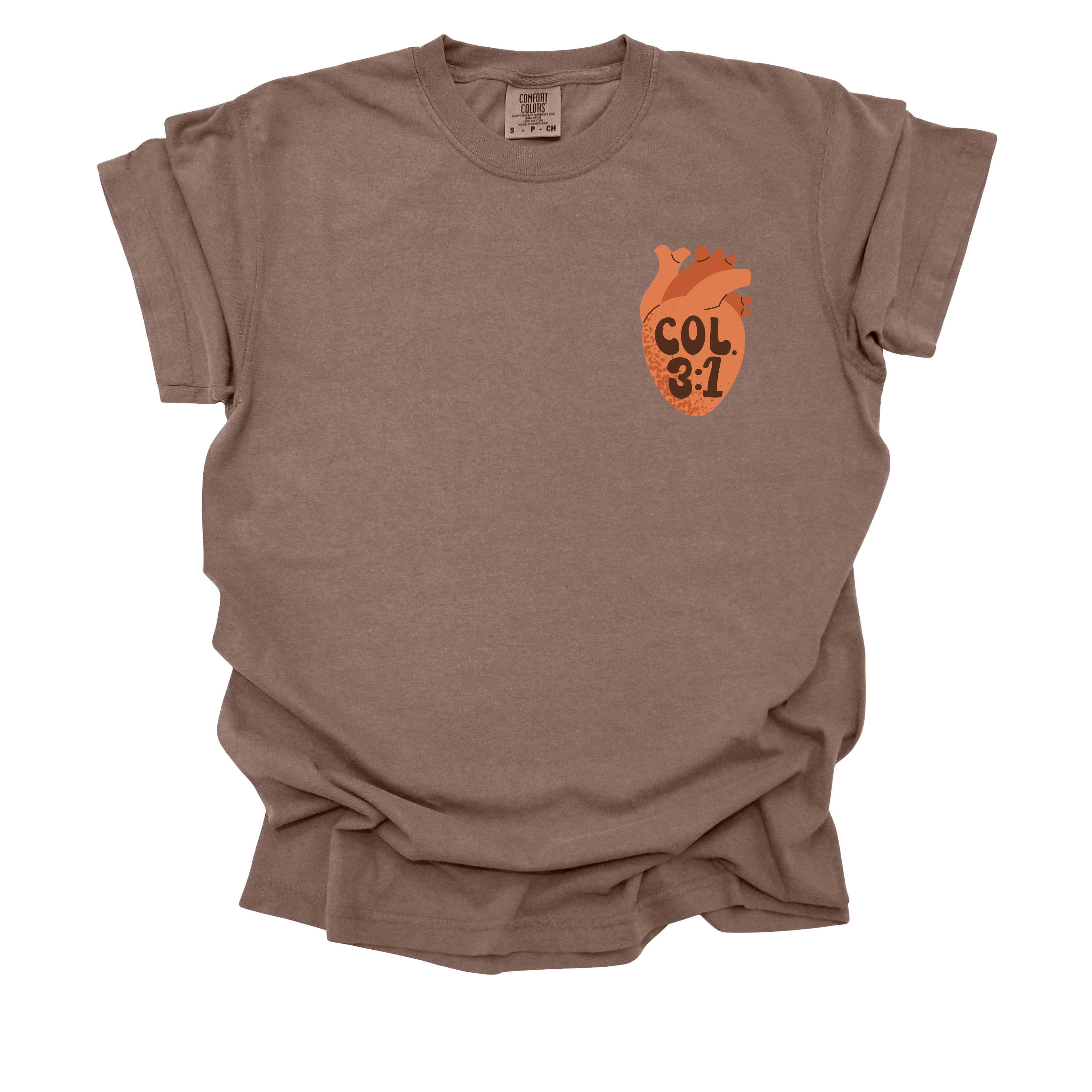 "Front view of a brown Christian t-shirt featuring an anatomical heart with 'Colossians 3:1' text on the chest."