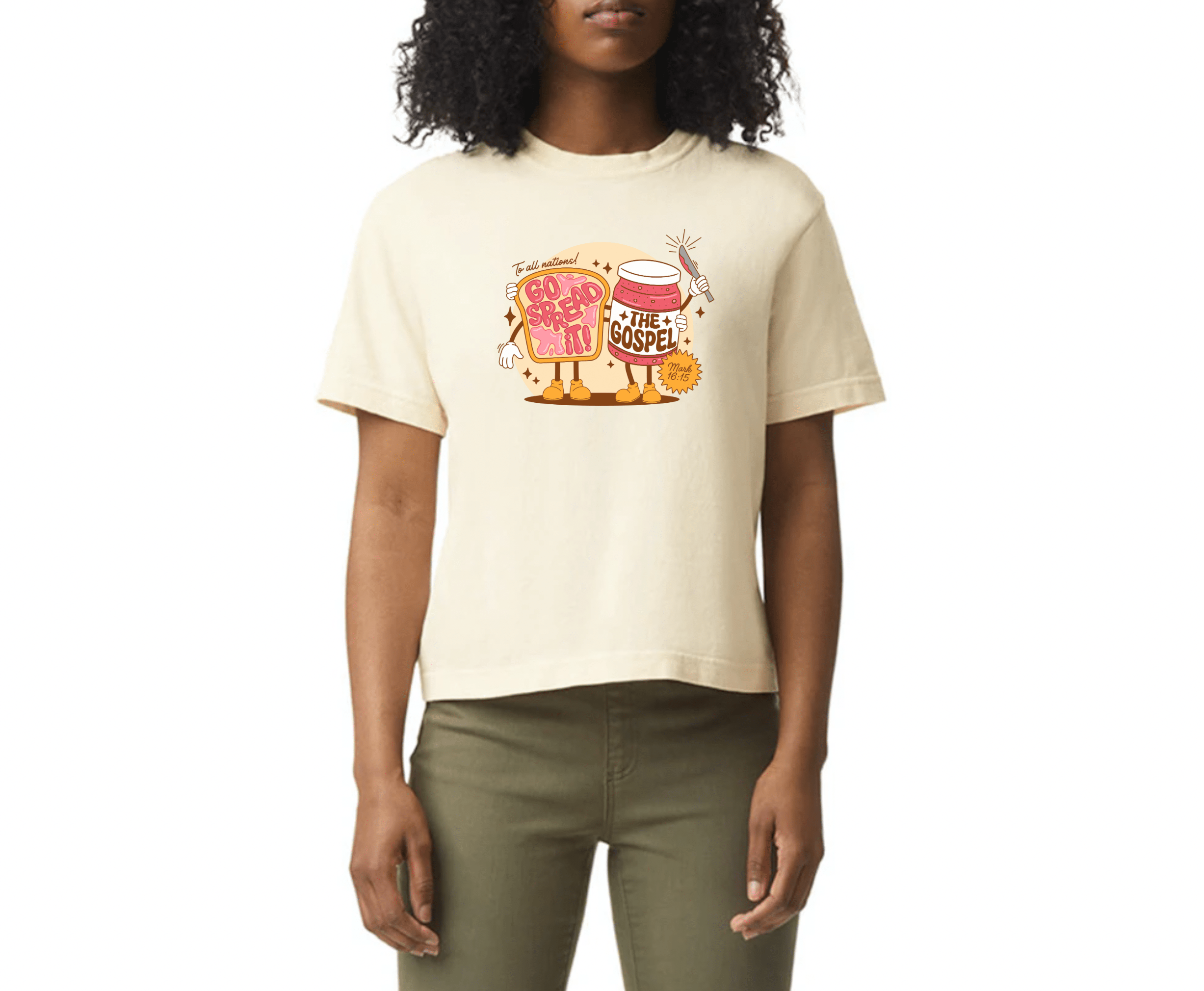 Spread the Gospel | Red Jam - MADE BY YEN Model wearing the Spread the Gospel T-Shirt in natural color, showcasing an oversized, unisex fit. Made from 100% super-soft, pre-shrunk cotton, this faith-inspired tee is perfect for sharing the Good News in style at church, worship nights, or casual outings.