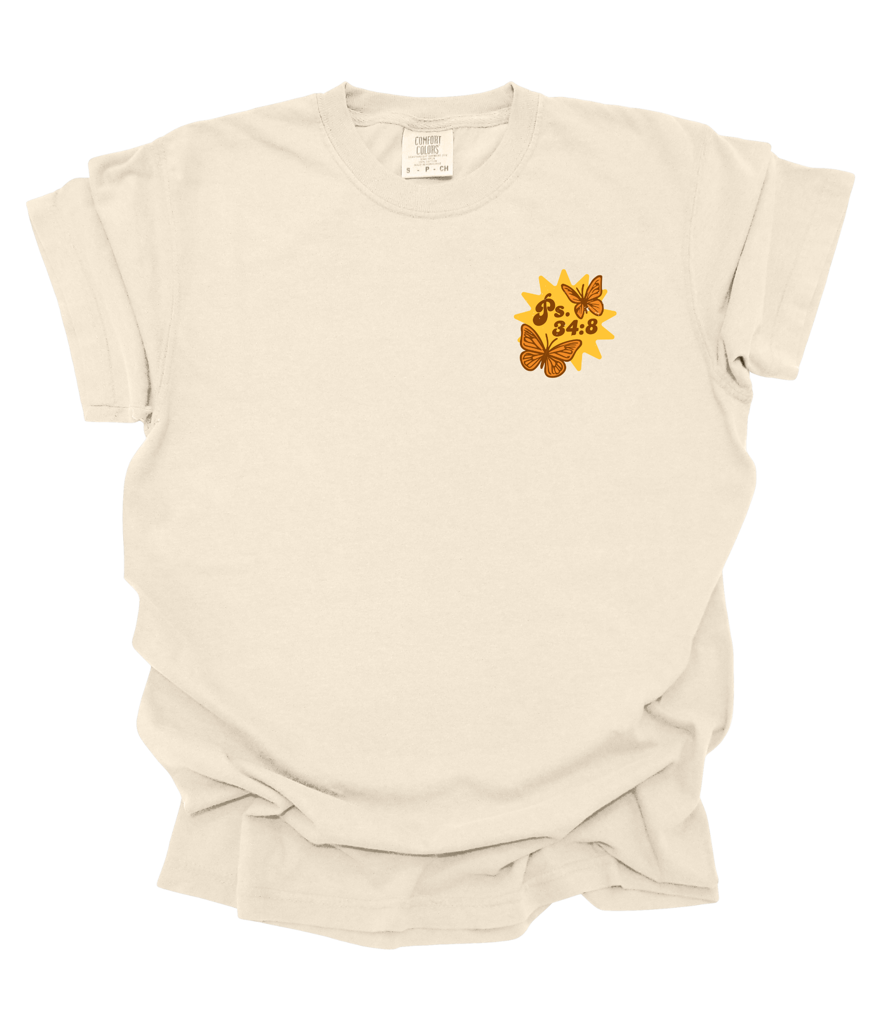 Beige t-shirt with a butterfly graphic and text on a white background