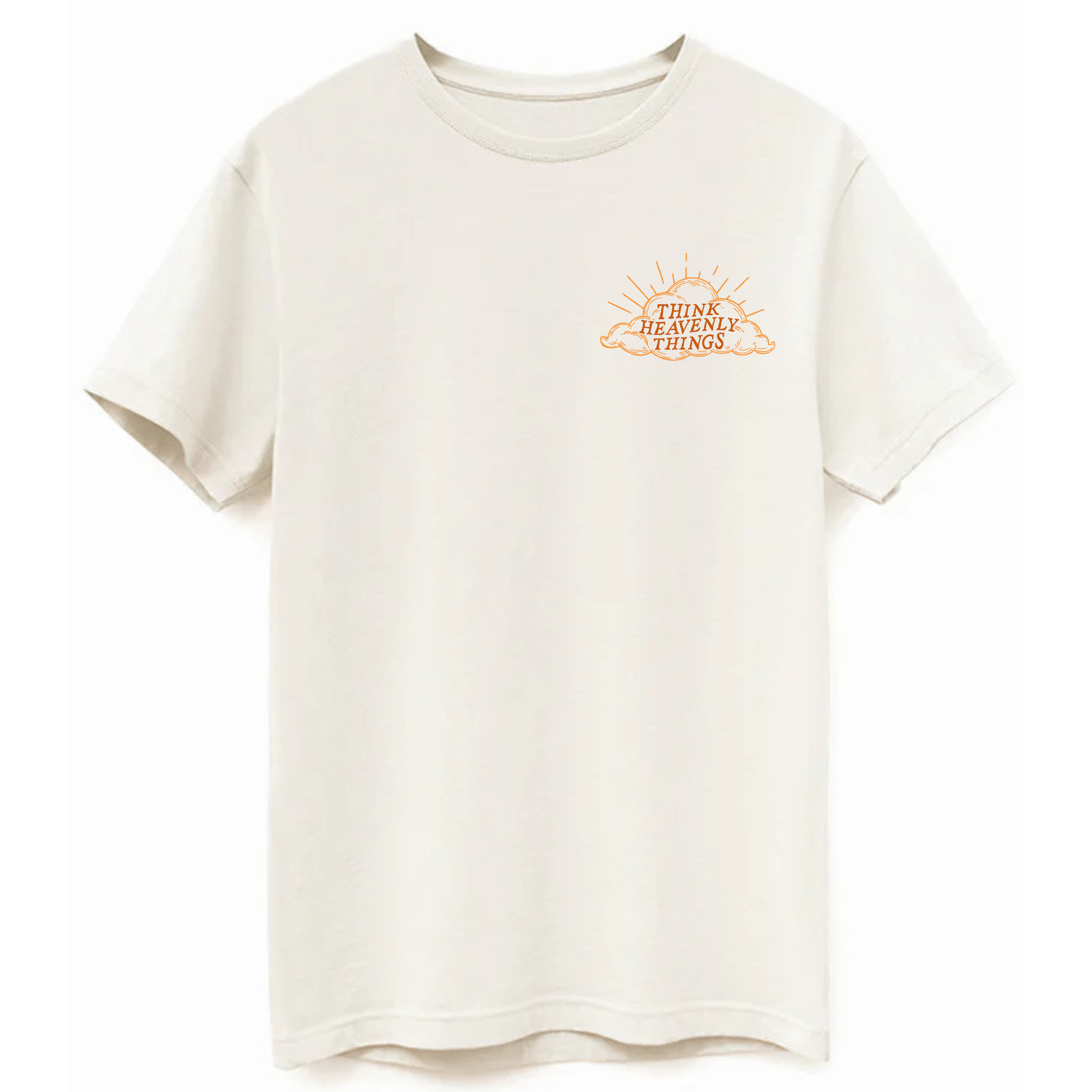 Front view of a natural-colored Christian t-shirt with 'Think Heavenly Things' sunburst design on the chest.