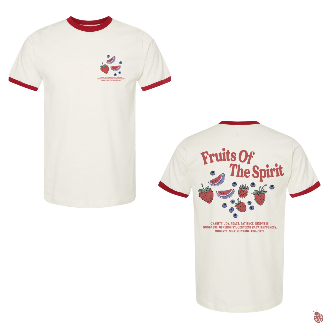 Fruit of the spirit - MADE BY YENVintage White Rio Red Fruit of the Spirit T-Shirt with a bold design inspired by Galatians 5:22-23. Crafted from high-quality fabric, this unisex tee celebrates love, joy, peace, and more. Perfect for worship, Bible studies, or everyday wear to express your faith.