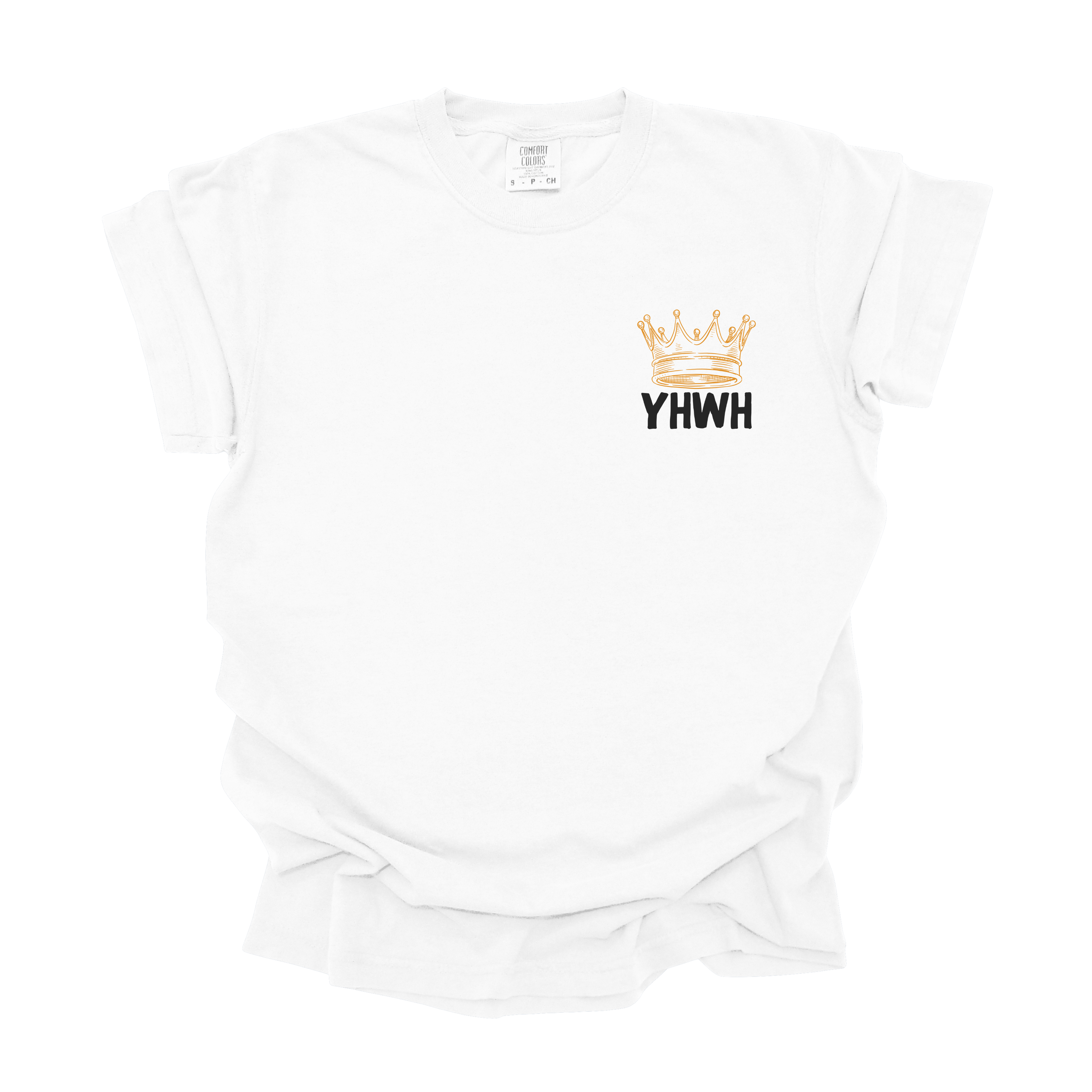 Front view of a white Christian t-shirt with 'YHWH' and a gold crown design on the chest.
