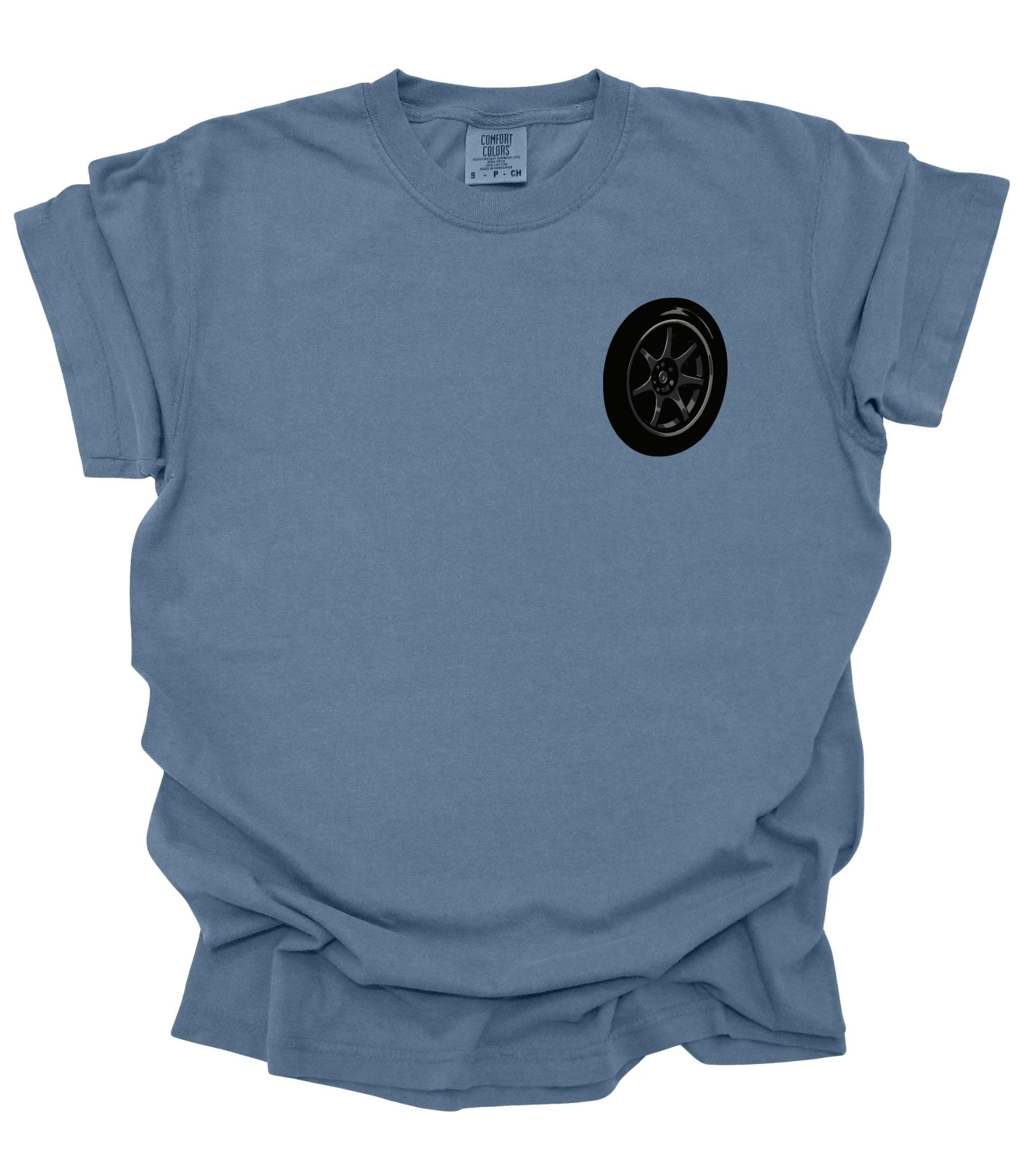 Front of blue Comfort Colors Christian t-shirt featuring a black sports car wheel graphic printed on the left chest.
