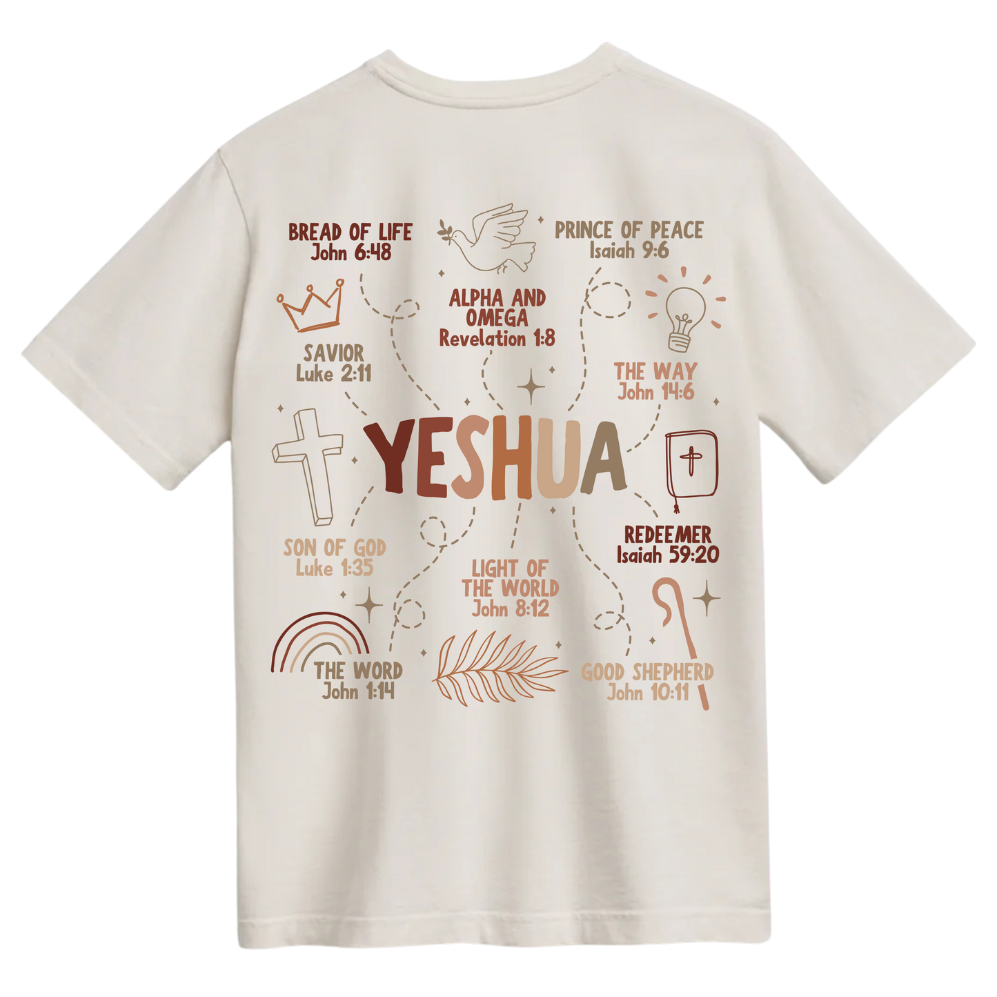 Ivory t-shirt featuring the many names of Yeshua, including Bread of Life, Light of the World, Alpha and Omega, Prince of Peace, and more, with corresponding Bible verses in a warm, earthy color palette.