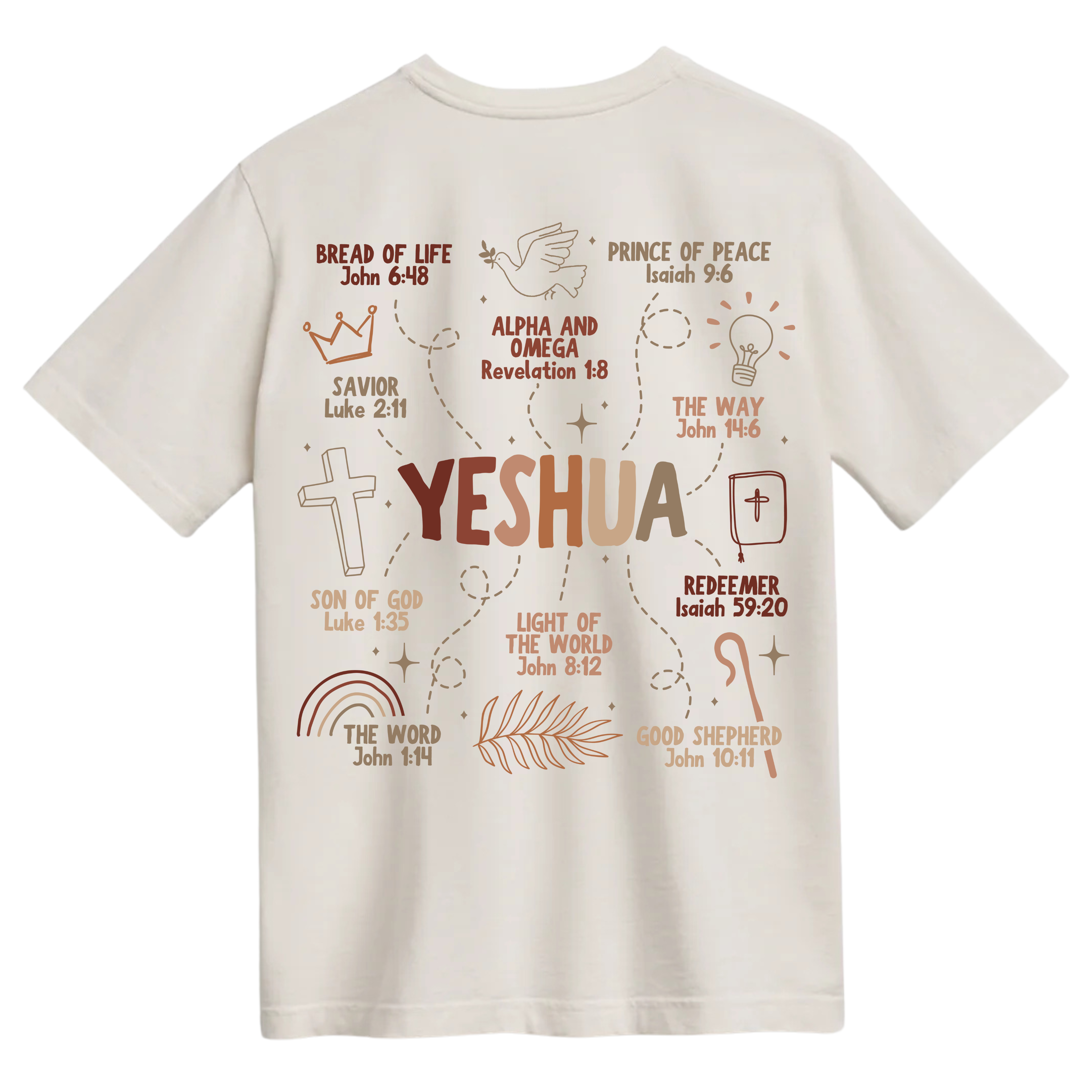 Ivory t-shirt featuring the many names of Yeshua, including Bread of Life, Light of the World, Alpha and Omega, Prince of Peace, and more, with corresponding Bible verses in a warm, earthy color palette.