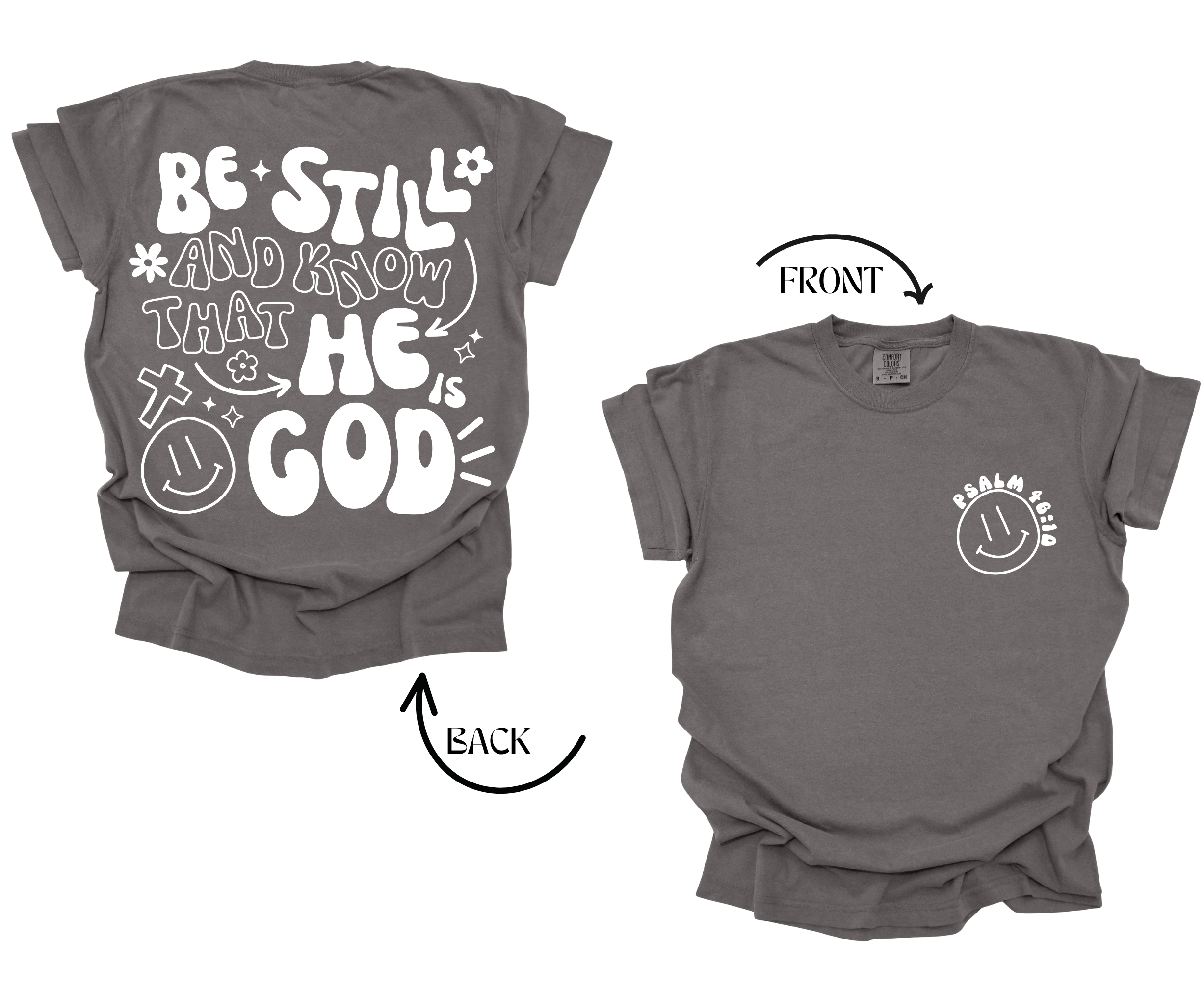 Be Still Doodles Christian Tee Front – Psalm 46:10 Comfort Colors Pepper
