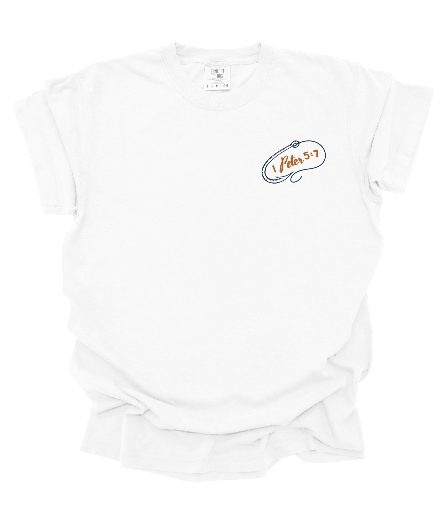 White t-shirt with a logo on the chest against a white background