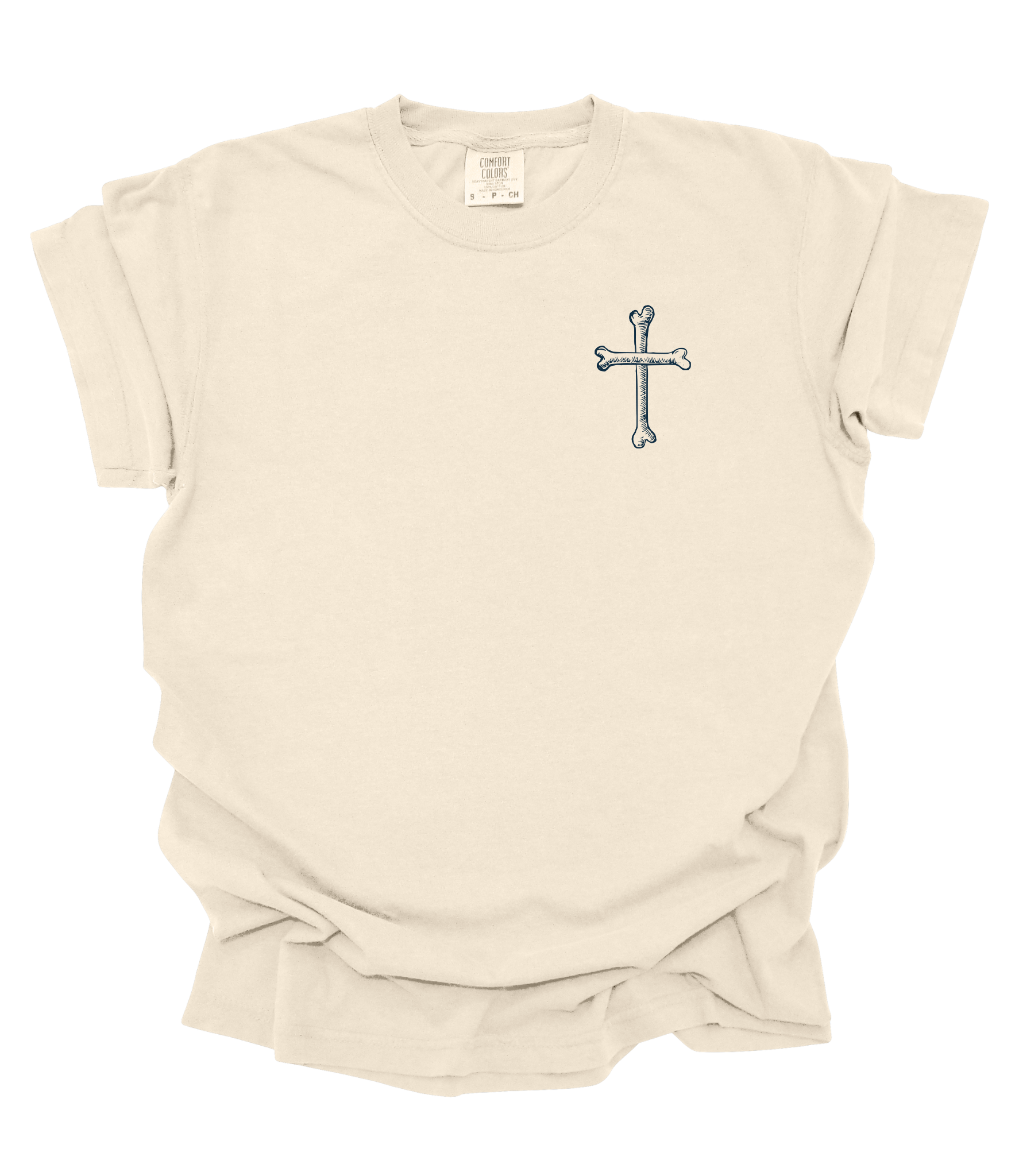 Beige t-shirt with a cross design on a white background
