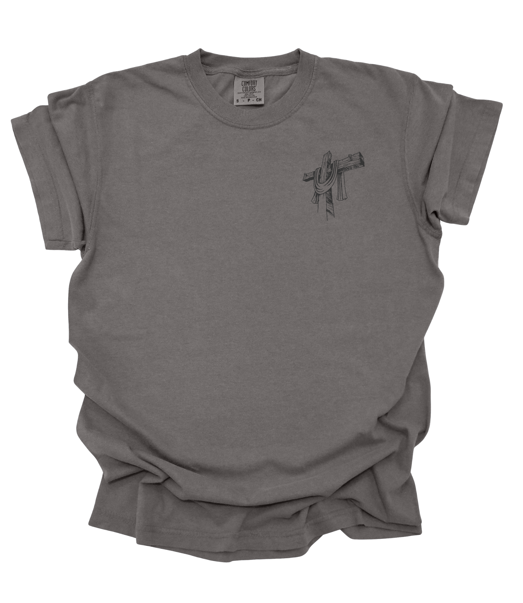 Gray t-shirt with a graphic design on a white background