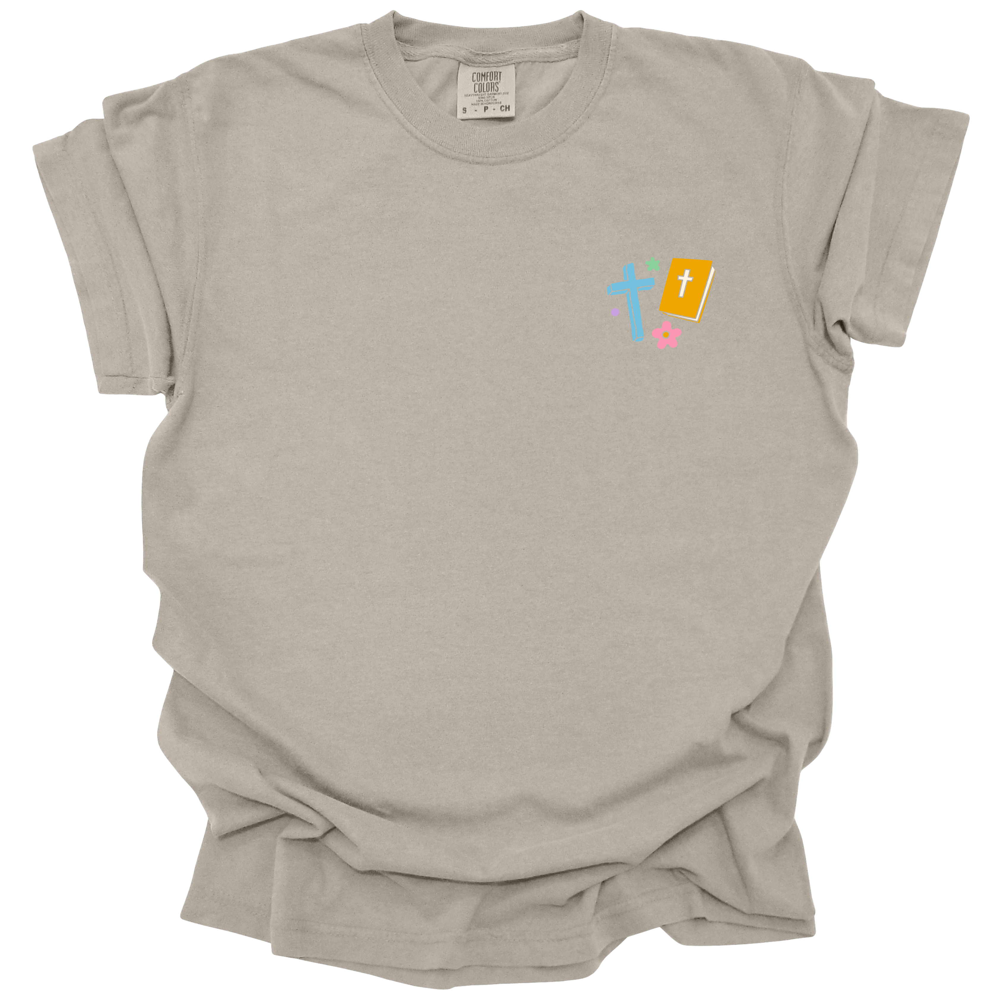 Front view of a beige Christian t-shirt with a small cross and Bible design on the chest, symbolizing faith and scripture.