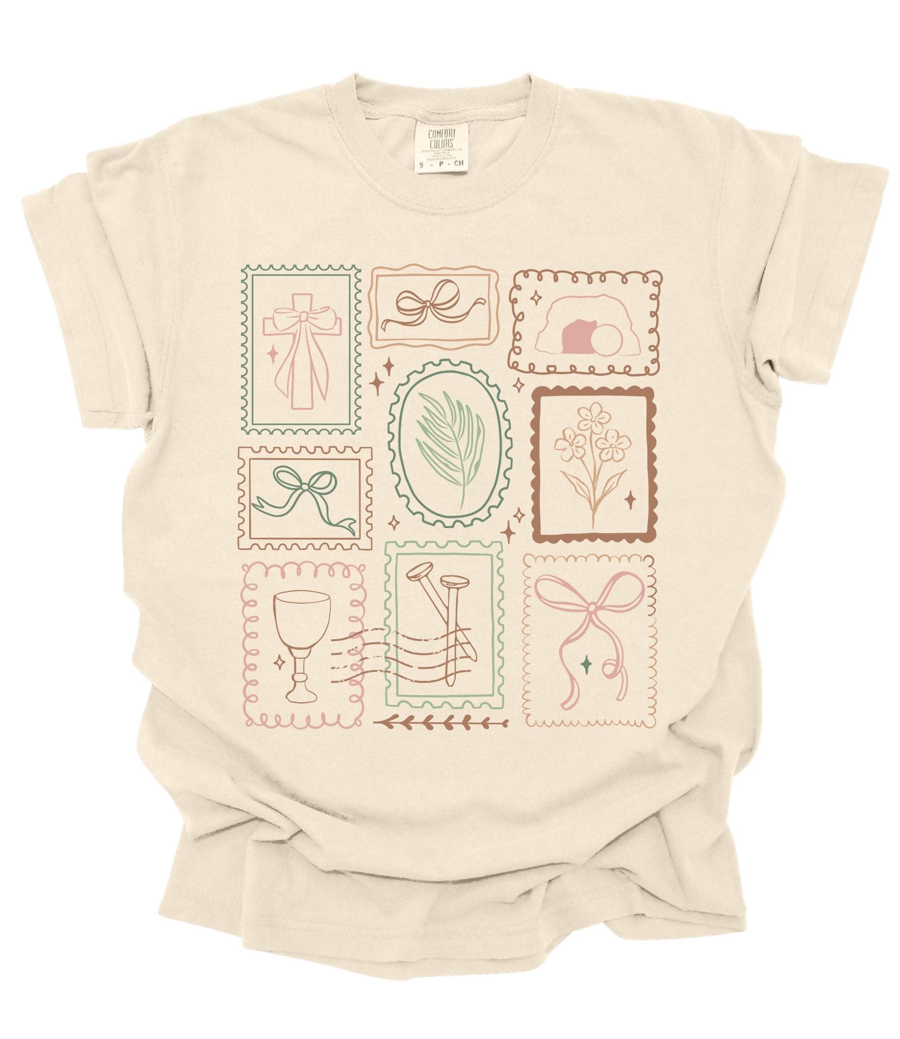 Adult unisex tee by MADE BY YEN featuring a colorful Easter stamp design on the front.