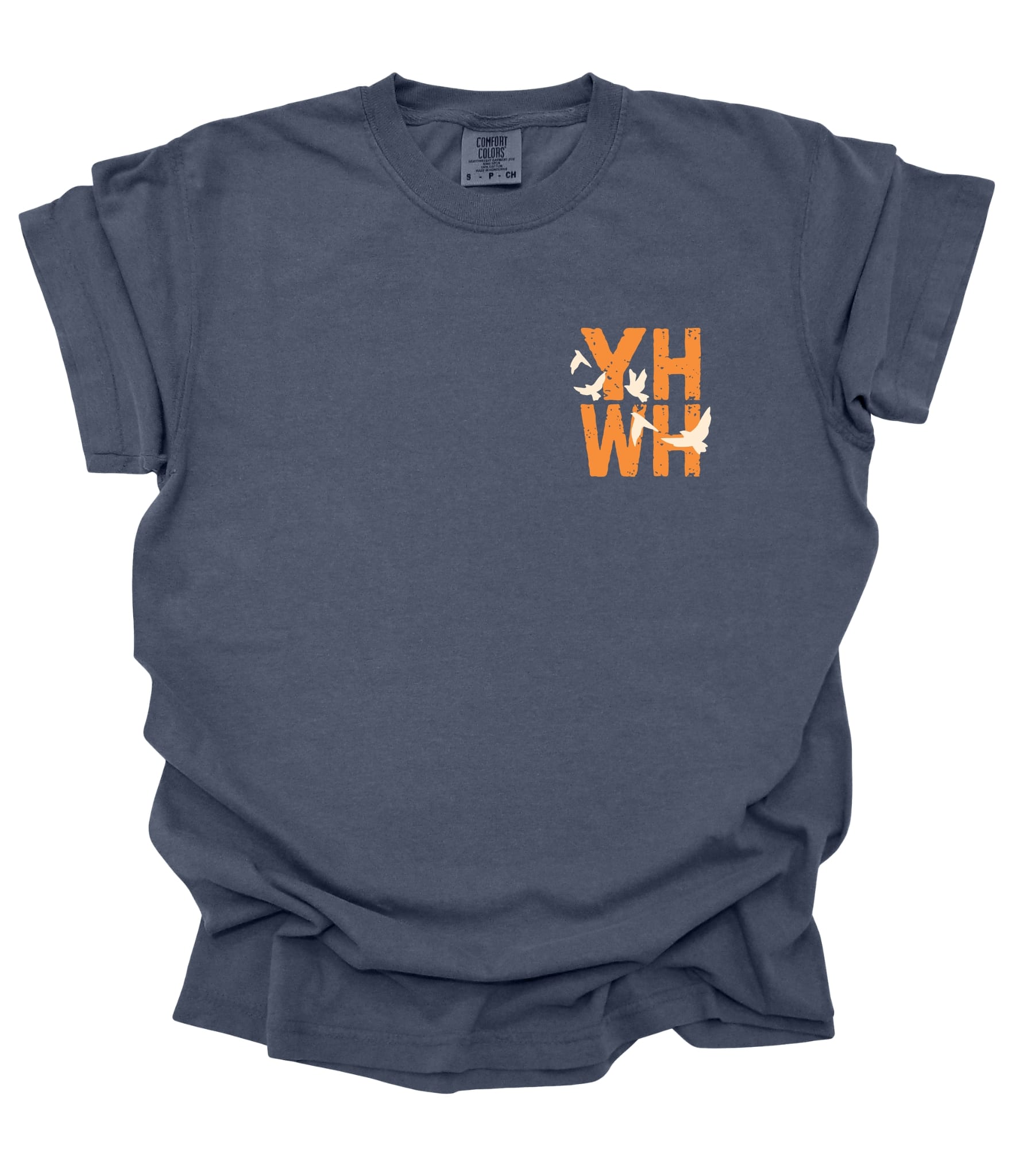 Adult unisex denim tee featuring "Every Breath Speaks His Name" YHWH text, made by MADE BY YEN, front view.
