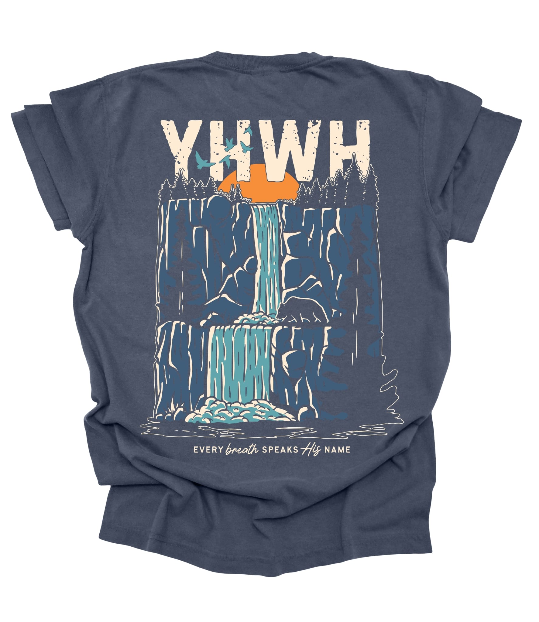 Unisex denim T-shirt with "Every Breath Speaks His Name" and YHWH print, made by MADE BY YEN, displayed from the back.