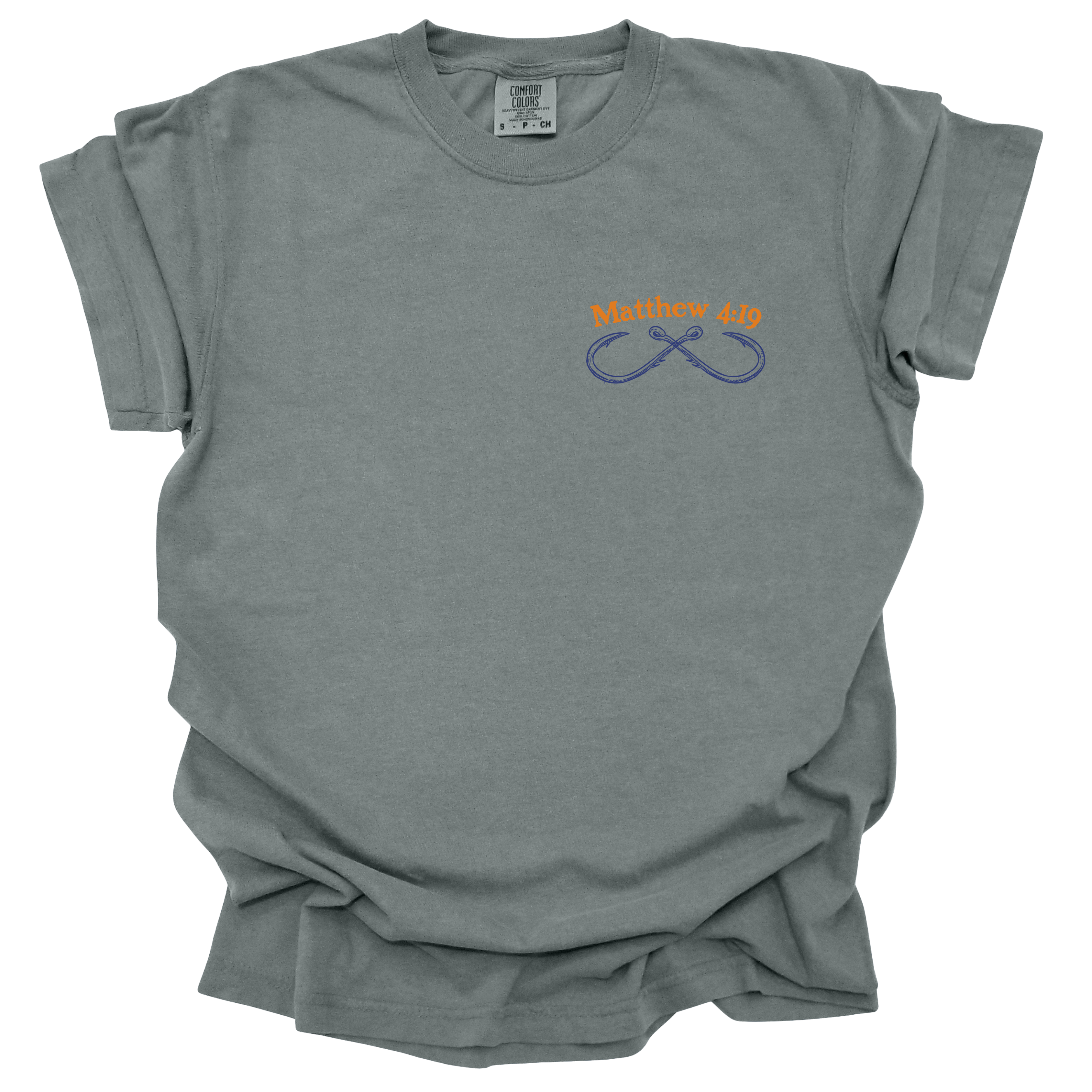 Front view of a graphite-colored Christian t-shirt with 'Matthew 4:19' and an infinity fishing hook design on the chest.