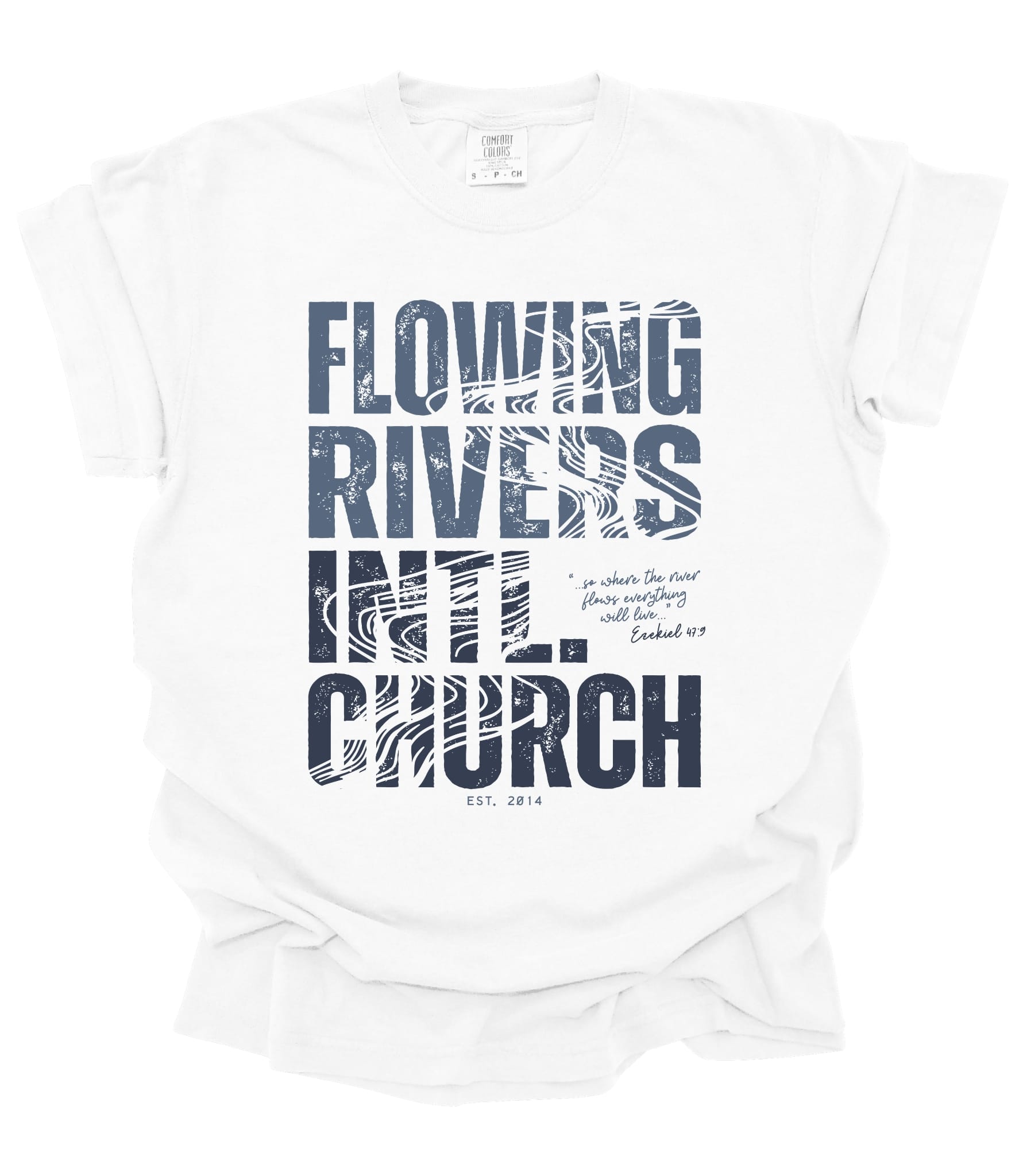 White adult unisex Flowing Rivers Tee by MADE BY YEN featuring a flowing river design on soft fabric.