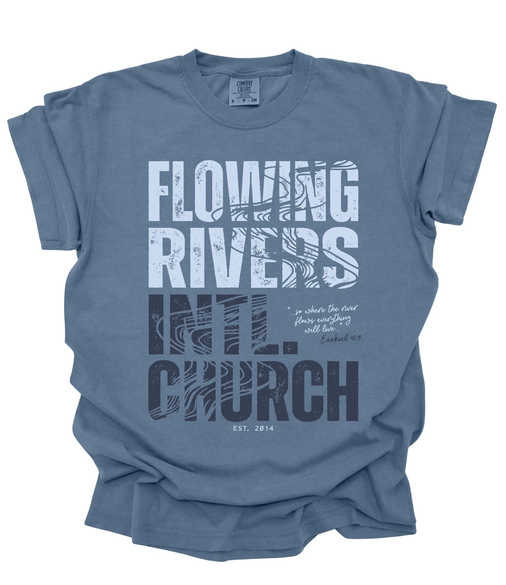 Blue unisex tee with flowing river design from Made For More's Flowing Rivers collection, featuring a vibrant blue jeans-inspired print.