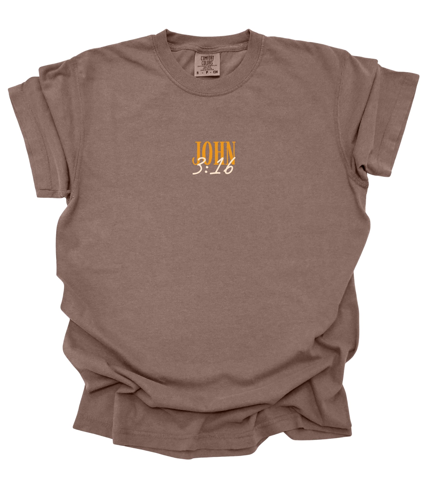 Chocolate-colored unisex tee featuring the "For God So Loved the World" John 3:16 design by MADE BY YEN.