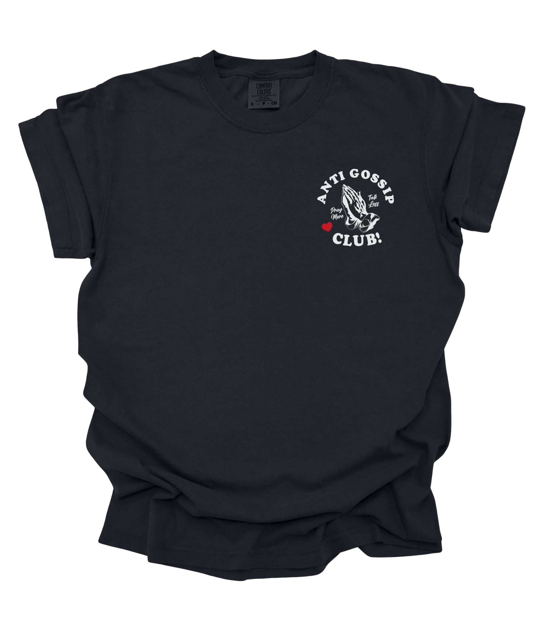 Black t-shirt with 'Anti Gossip Club' graphic on a white background