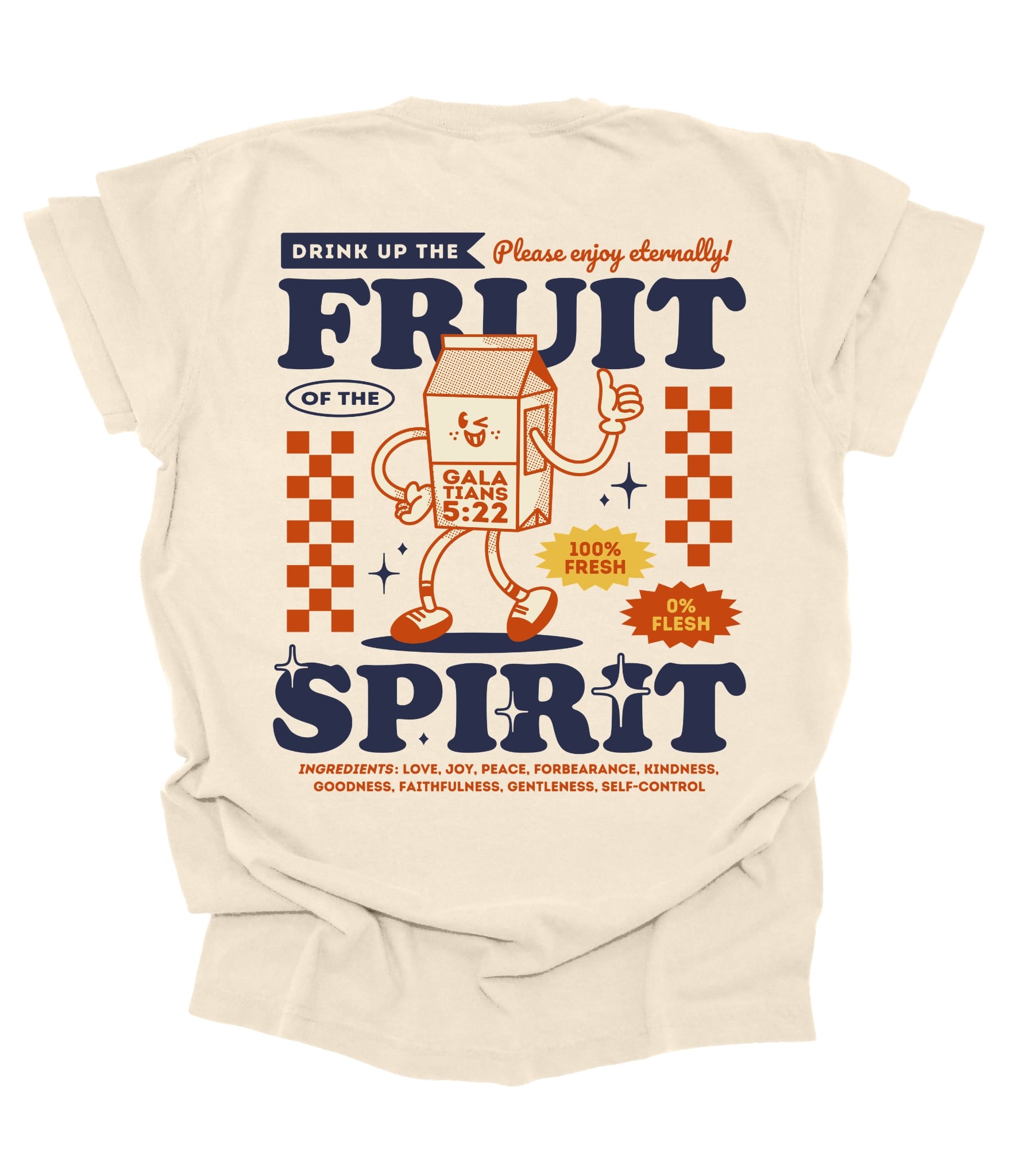 Unisex Ivory Fruit of the Spirit T-shirt with Galatians 5:22 graphic and retro juice box design by MADE BY YEN.