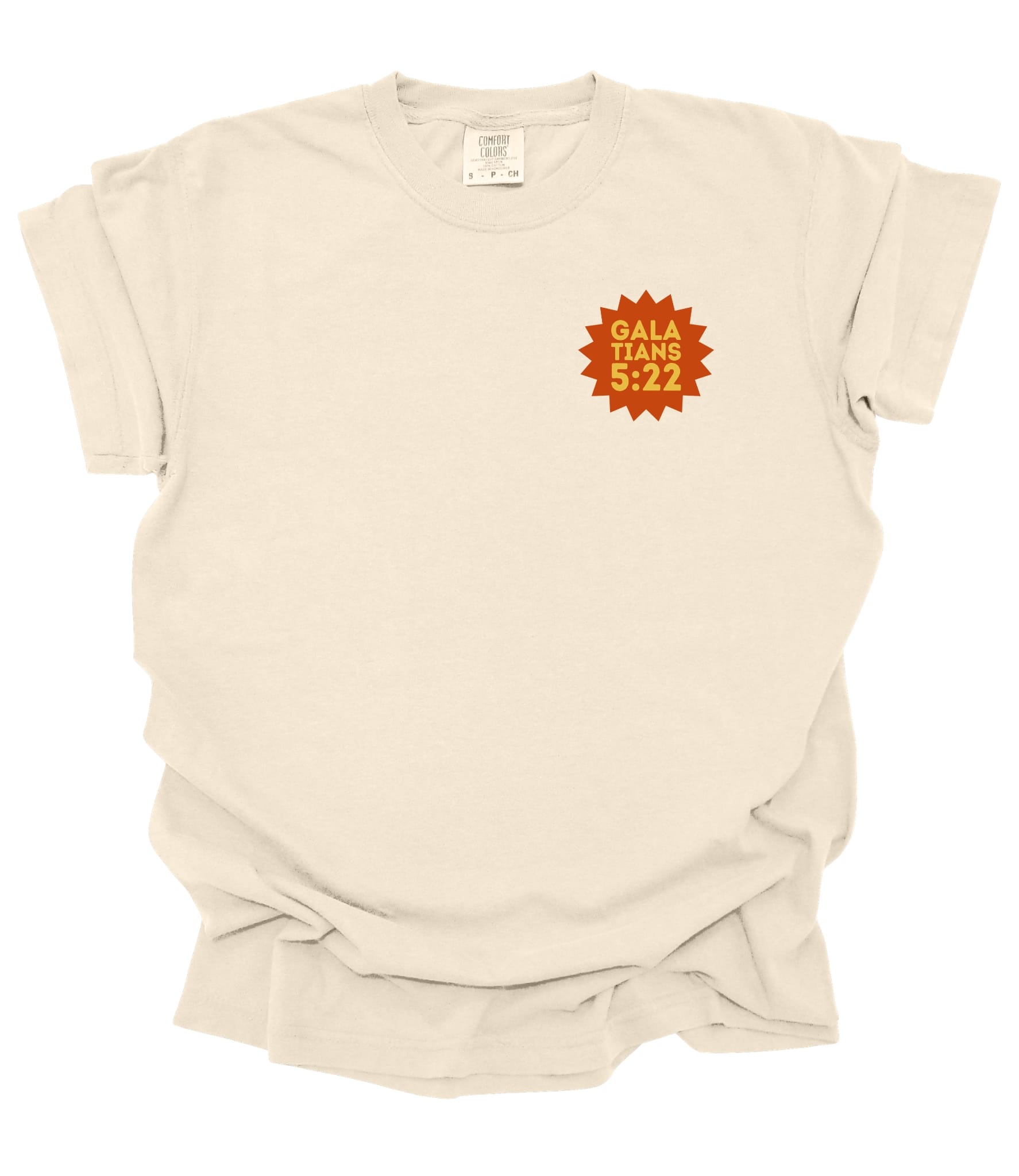 Unisex ivory Fruit of the Spirit Christian T-shirt with colorful retro juice box graphic and Galatians 5:22 text by MADE BY YEN.
