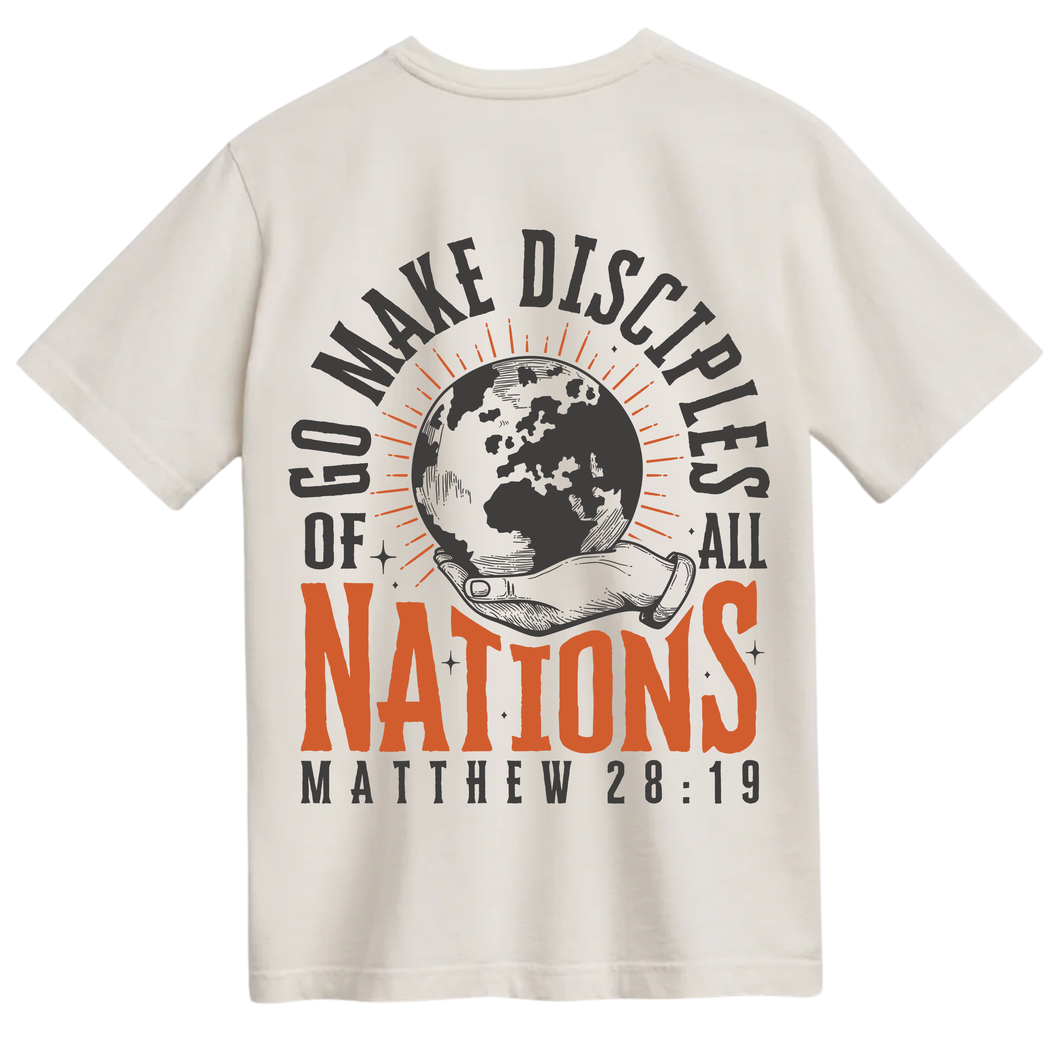 Go Make Disciples Tee in Vintage White featuring "Matt 28:19" on the front and a bold back design with the globe and the words "Go Make Disciples of All Nations." Oversized, unisex fit on a soft, pre-shrunk cotton tee.