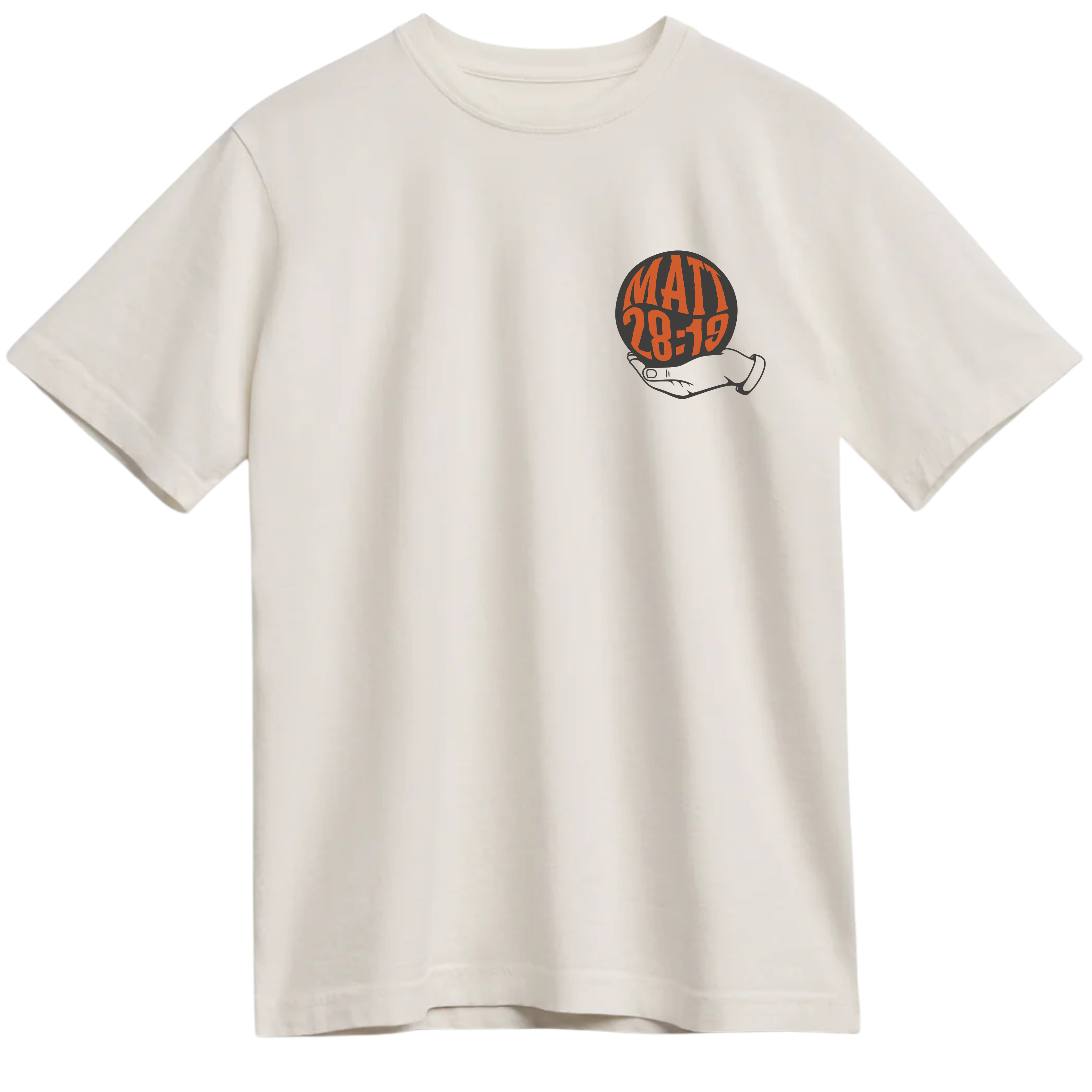 Go Make Disciples Tee in Vintage White featuring "Matt 28:19" on the front and a bold back design with the globe and the words "Go Make Disciples of All Nations." Oversized, unisex fit on a soft, pre-shrunk cotton tee.