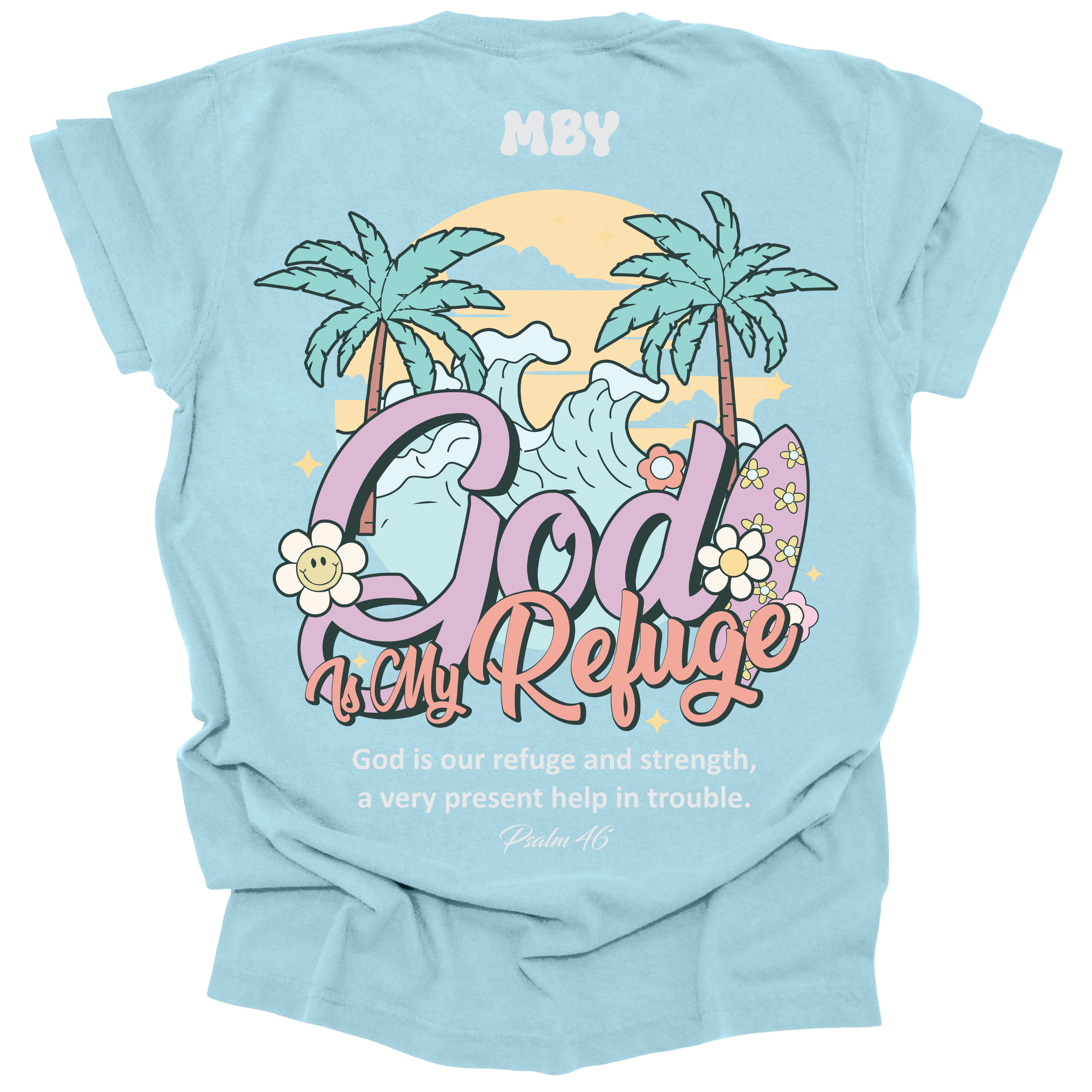 t-shirt featuring a large tropical scene with palm trees, waves, and surfboards, along with the words "God Is My Refuge" and the verse Psalm 46.